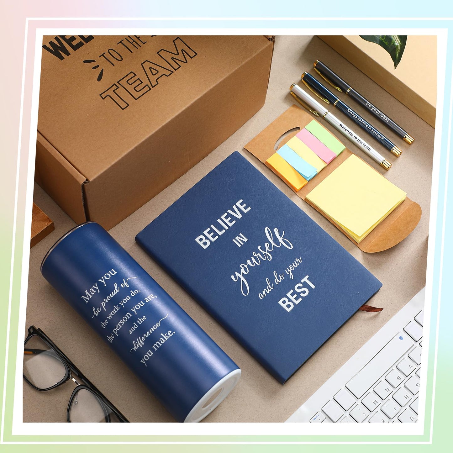 Teenyyou 7 Pcs New Employee Welcome to The Team Gift Set for Him or Her Welcome to The Team Gift Box Holiday Gifts Include 20oz Tumbler Notebook Pens and Sticky Note for New Employee Worker(Blue)