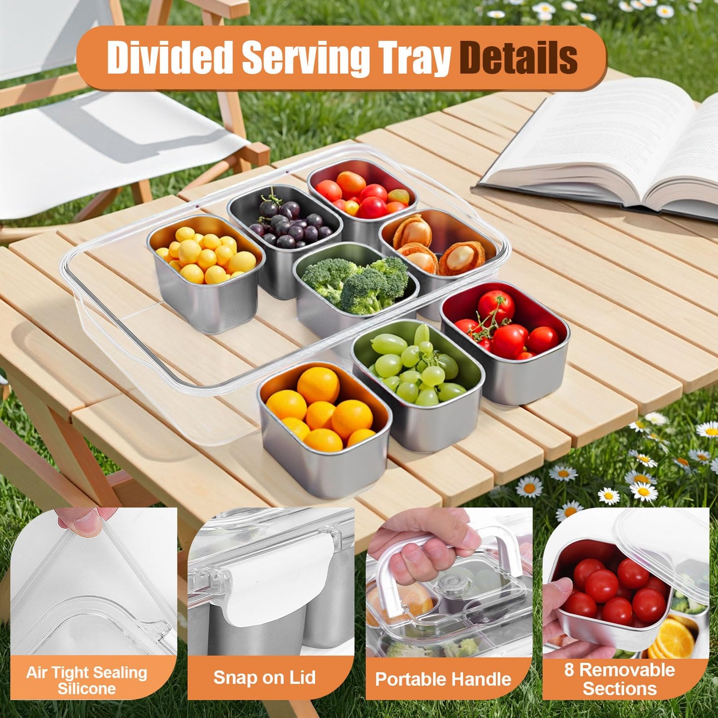 Snackle Box Container, 304 Stainless Steel Snack Containers, Snacklebox, Divided Serving Tray with Lid and Handle, Portable Snack Tray for Beach, Road Trip, Picnic, Boat Days, Ball Games and Pool