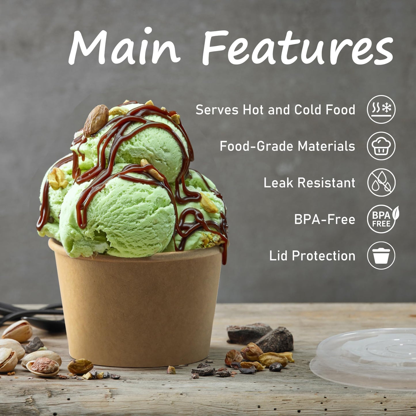 ESSENTIAL Paper Ice Cream Cups with Lids, 120pcs 8oz Disposable Dessert Bowls with Lids for Hot or Cold Food, Paper Snack Containers for Sundae, Frozen Yogurt, Soup (Brown)
