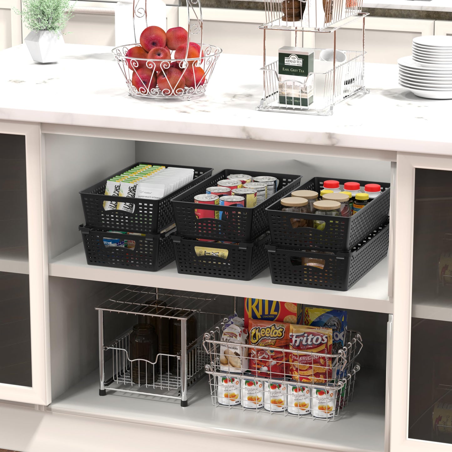Simple Houseware Stackable Plastic Woven Basket Organizer, 6 Pack, 14.5" x 8.5" x 3.5", Black