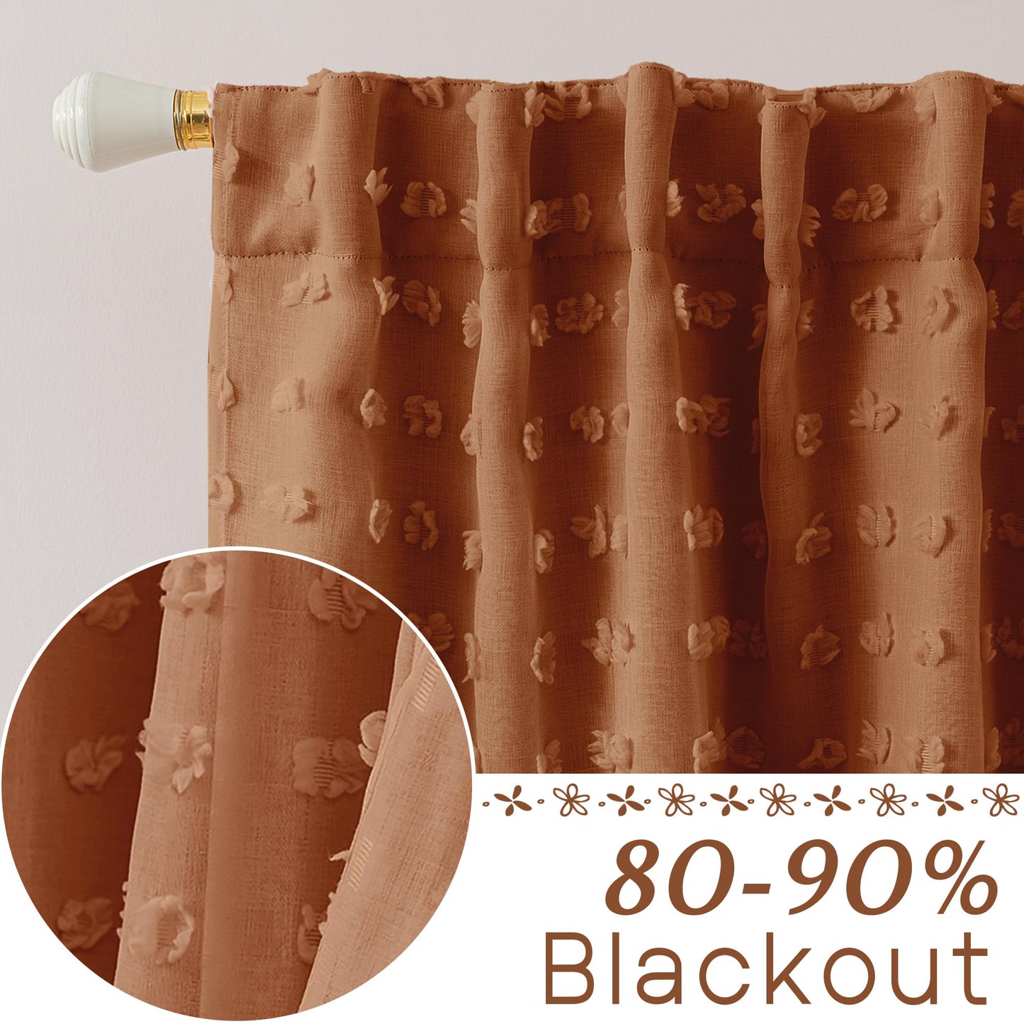 Terracotta Boho Blackout Curtains for Bedroom, Bohemian Pom Pom Double Layer Patterned Drapes, Rust Burnt Orange Sheer Overlay Western Curtains for Living Room 84 Inches Long 2 Panels Set