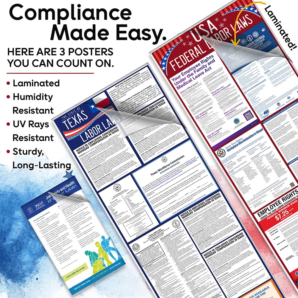 2026 All-in-One Labor Law Poster Pack of 1– Texas State Federal OSHA Compliant Workplace Posters Laminated Employee Rights Minimum Wage Sign HR Office Compliance Bulletin Board Business Regulation Set