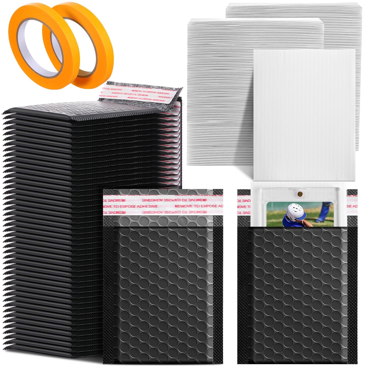 Engrowtic 302 Pcs Trading Card Shipping Protector Set Include 200 Precut Plastic Inserts Card Mailers 100 Poly Bubble Mailers Padded Envelopes and 2 Masking Tape(Black,4.5 x 3.5 Inch)