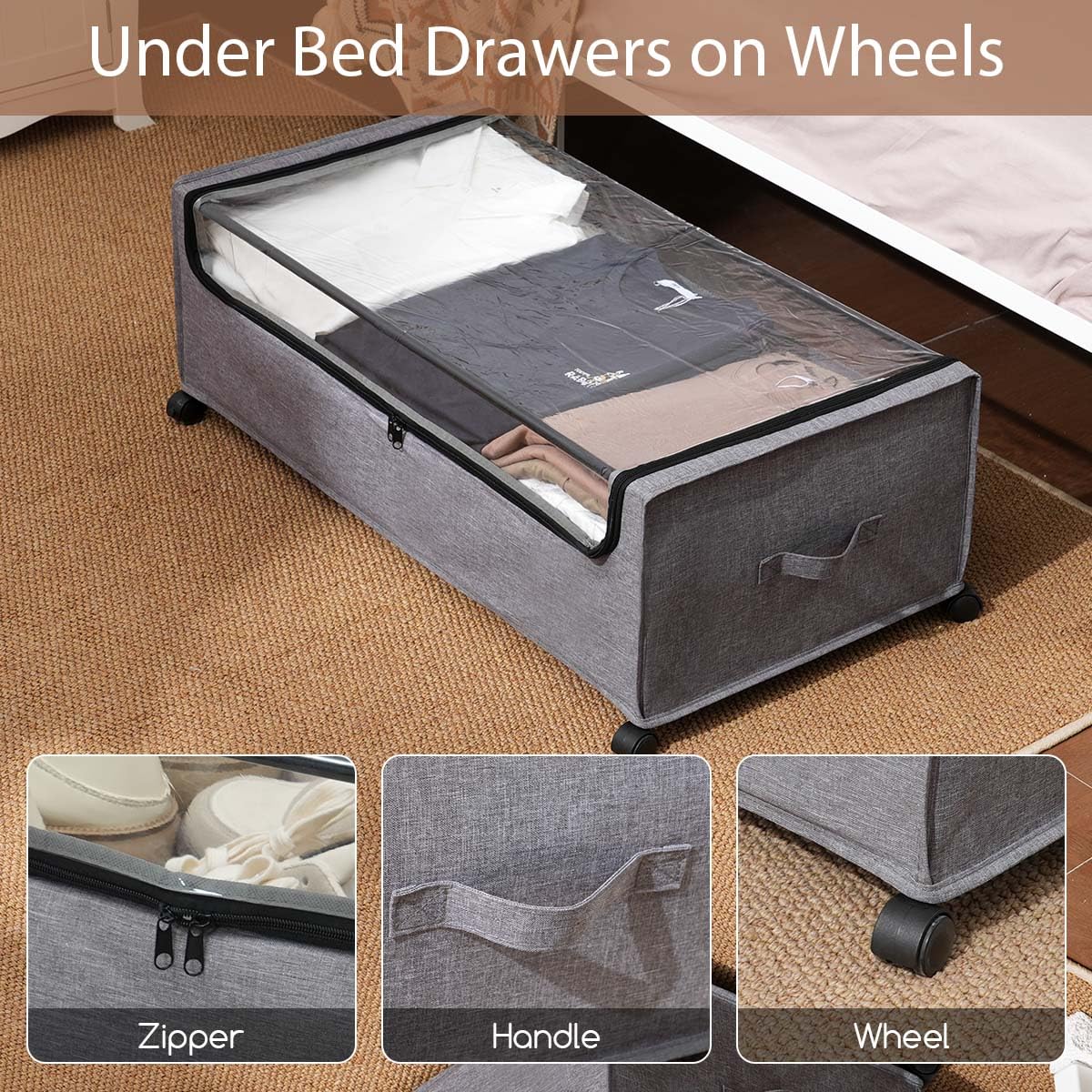 FOUCSSOMEI Under Bed Storage with Wheels, Rolling Under bed Storage with Metal Frame, Under Bed Shoe Storage for Space Saving, Zippered Clear Lid, Heavy-Duty Steel Base for Clothes