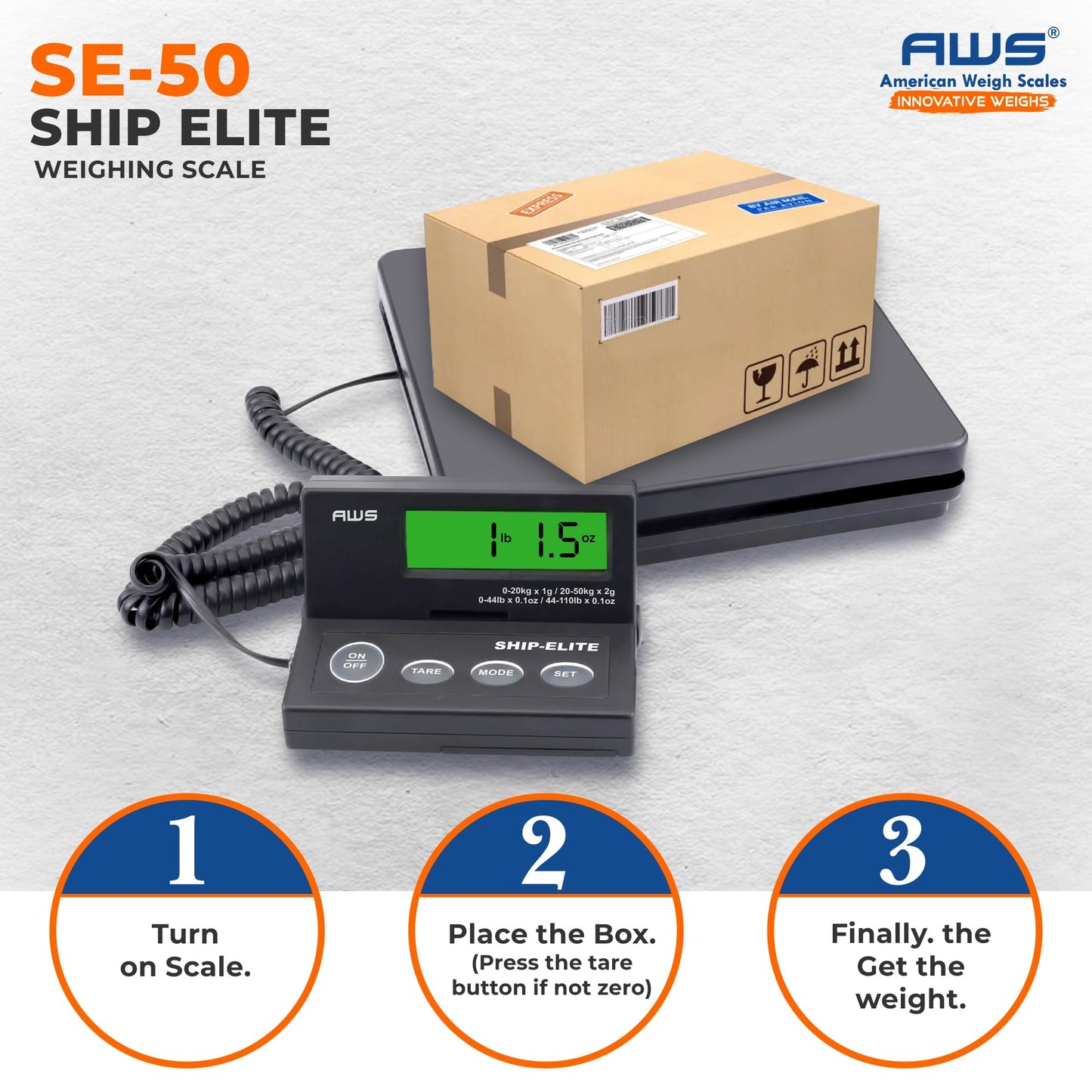 American Weigh Scales Digital Shipping Scale | Highly Accurate Multifunctional Postal Package & Luggage Weighing Scale | 110 lbs x 0.1 oz | Backlit LCD | Battery & AC Adapter | Compact Platform