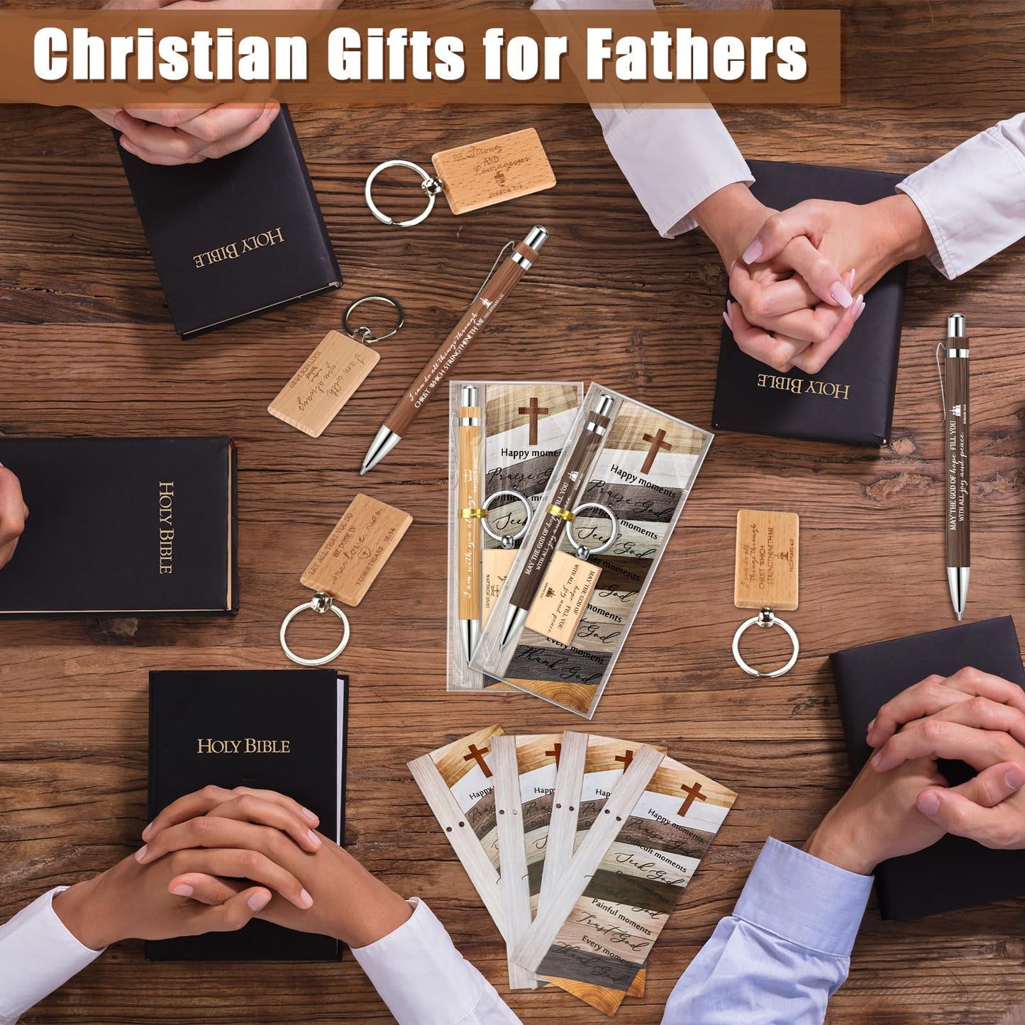 Spakon 120 Pcs Fathers Day Church Gifts Bulk, 40 Bible Verse Bamboo Pens 40 Church Keychains 40 Cross Bookmarks and Bags for Religious Sunday School Christian Party