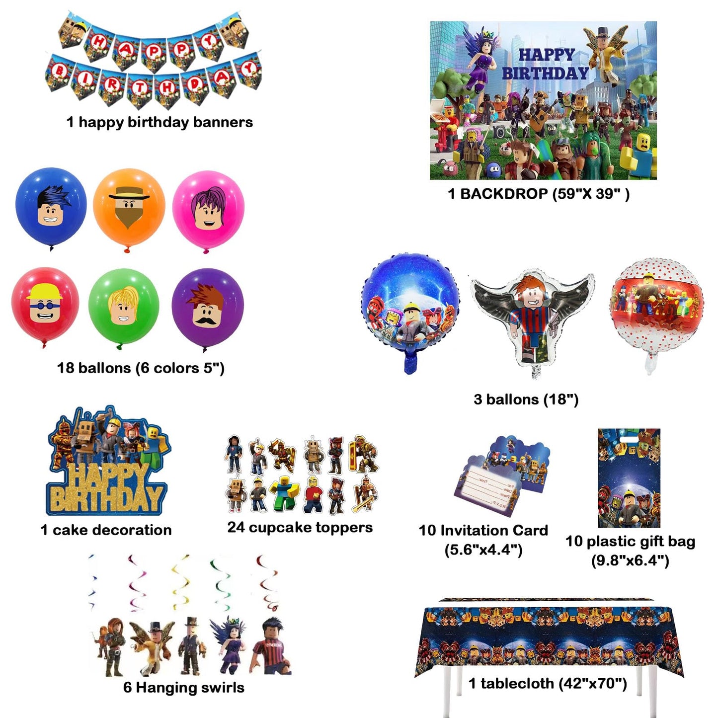 Birthday Decorations Party Supplies Party Decoration with Happy Birthday Banner, Backdrop, Hanging Swirls, Tablecloth, Cupcake Cake Toppers, Balloons,gift bags,invita card, Complete Party Supplies Set