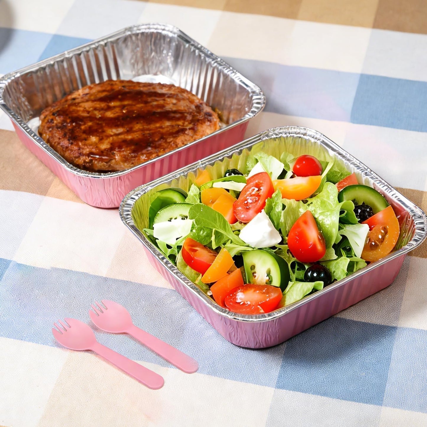 (35-Pack) Pink 8x8 Inch Disposable Aluminum Pans with Plastic Lids,Stickers and Cake Spoons,Square Cake Pans for Parties,Baking Trays,Foil Pans for Holiday Cooking, Parties Meal Prep, Storage