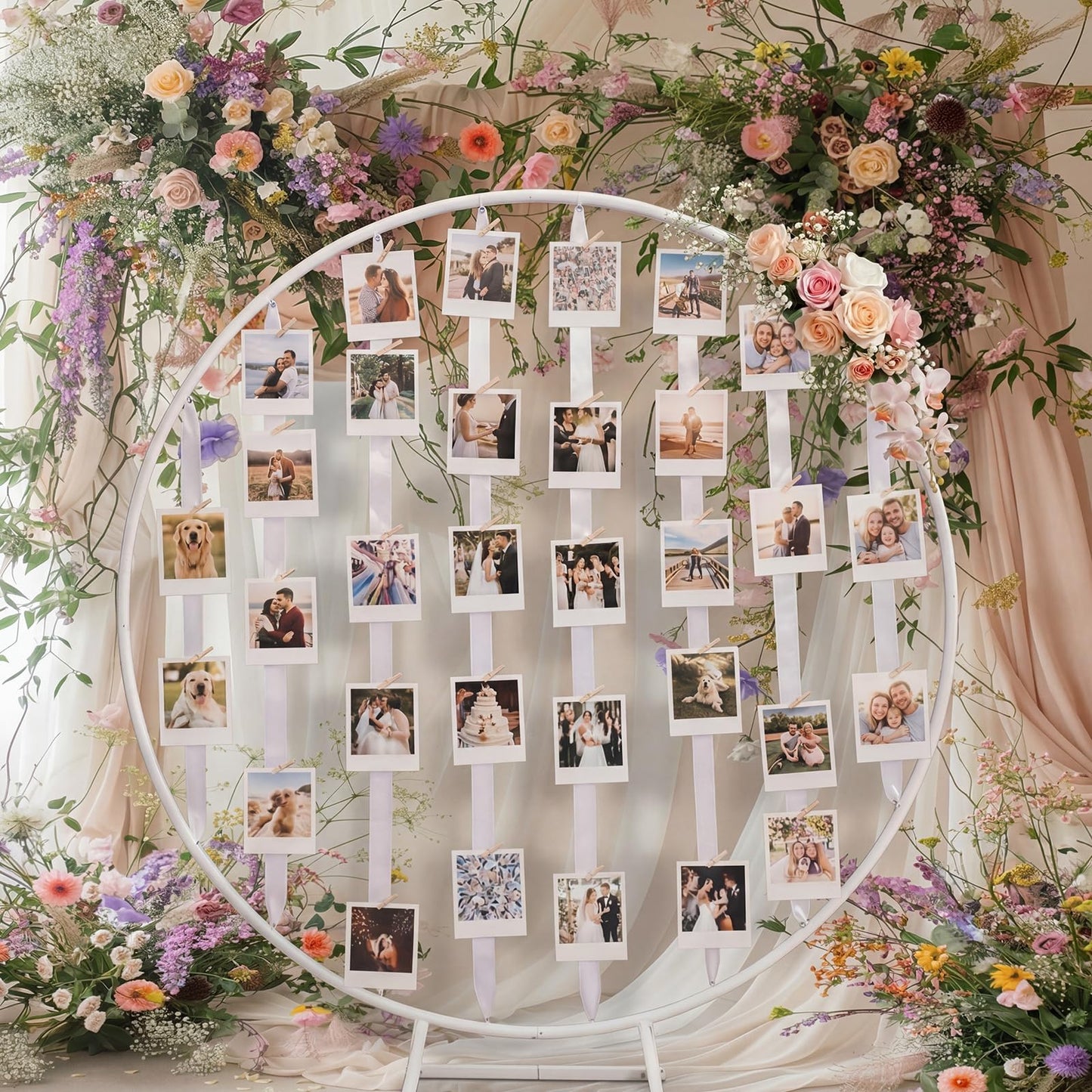 Colingmill 63 Inches White Photo Display Frame Board with Clips Metal Round Photo Display Stand Hanging Pictures Organizer Holder Picture Frame Board for Wedding Graduation Greeting Card
