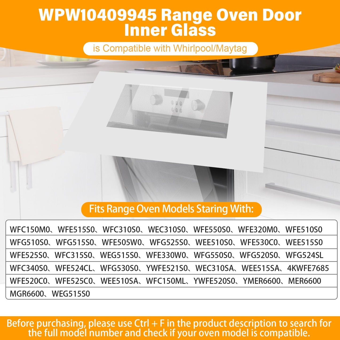 WPW10409945 Outer Oven Door Glass Compatible with Whirlpool Range Oven Outer Door Glass 29.4" x 20" Stove Door Panel Replacement W10409945 2210187 AP6021059 PS11754379 EAP11754379 PD00007553