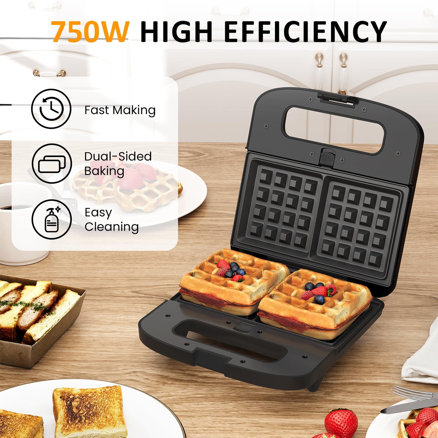SUNVIVIPRO 3 in 1 Waffle, Grill & Sandwich Maker, Sandwich Maker Panini Press Waffle Iron Set with Removable Non-Stick Plates & Indicator Lights, Panini Press Grill for Breakfast, 800W, Black
