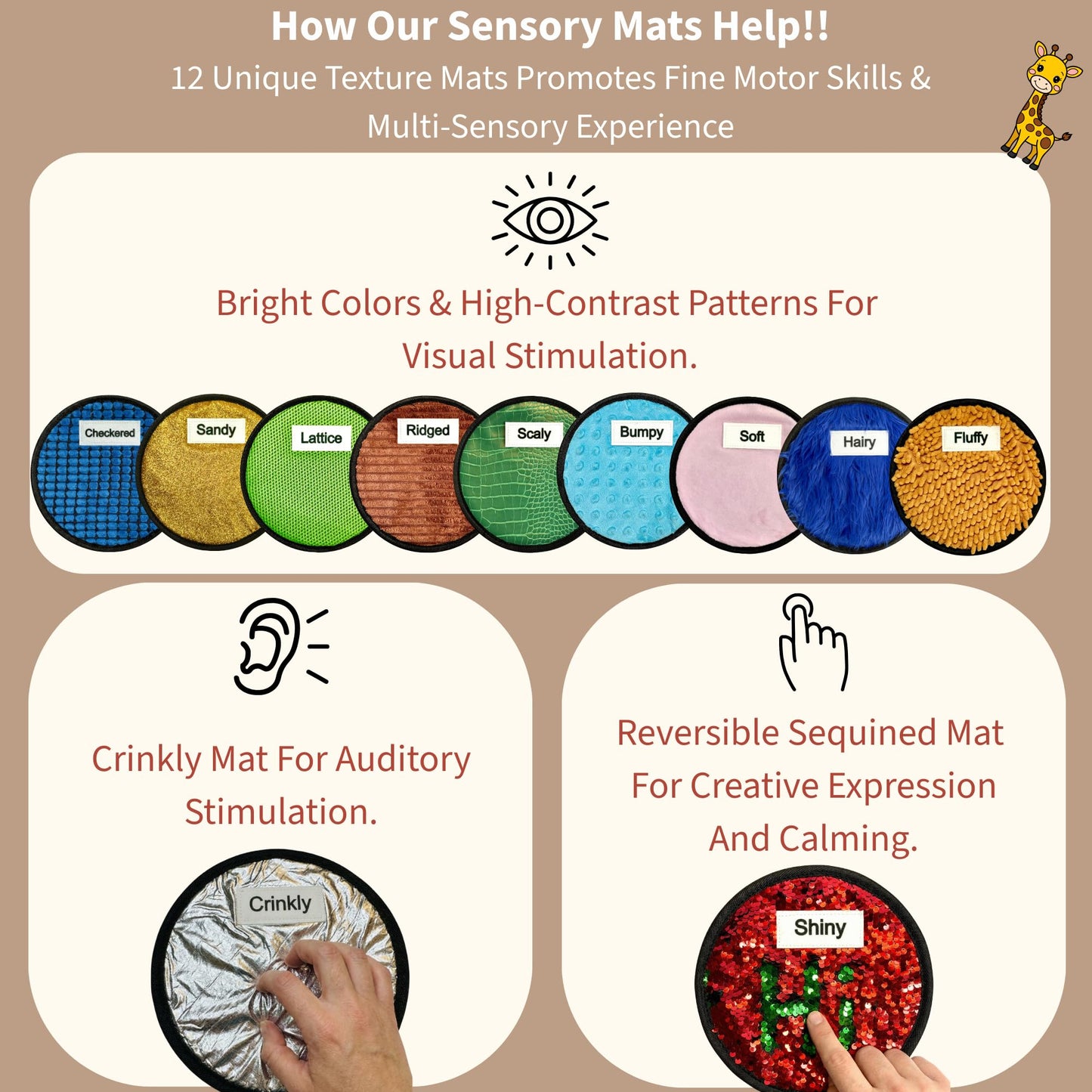 12 Labeled Sensory Mats & Lesson Plans - Sensory Toys for Kids with Autism - Fidgeting Toys for Autistic Children – Hanging Loops to Hang Mats Wall - Gift Ready Box, Storage Bag & Booklet with QR code
