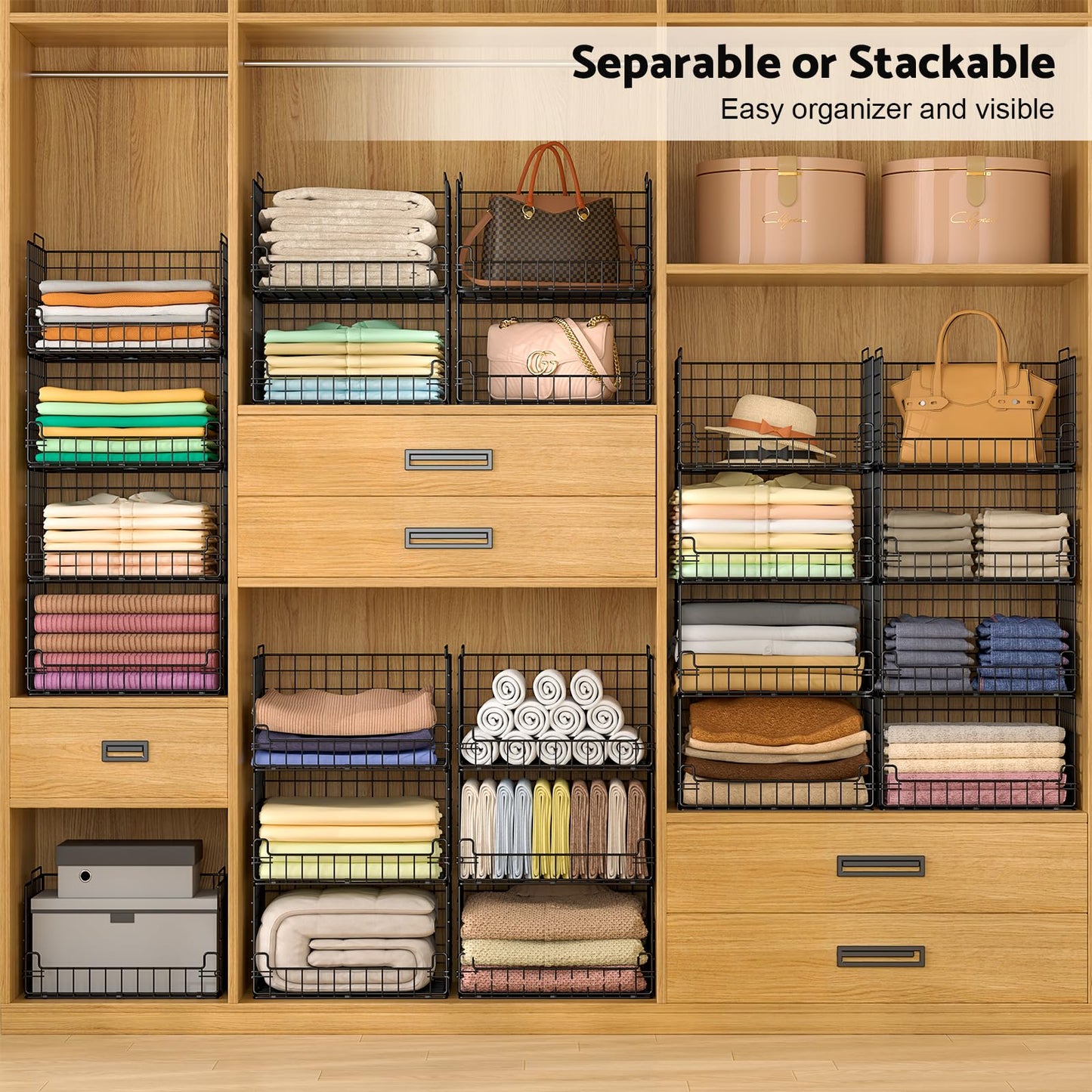 Astrorhine 4-Tier Stackable Closet Organizers and Storage Basket - Foldable Closet Shelf Organizer System, Sturdy Metal Space-Saving Clothes Storage Bins for Wardrobe, Black