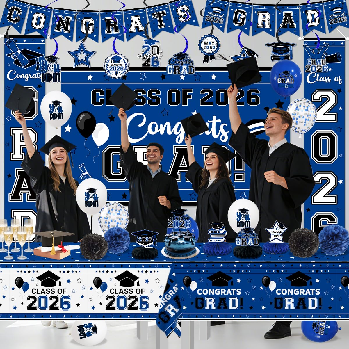 Graduation Decorations 2026 Blue Class of 2026 Congrats Grad Backdrop Door Banner Tablecloth Balloons Cake Topper Honeycombs Hanging Swirls for Graduation Party and High School College Celebrations