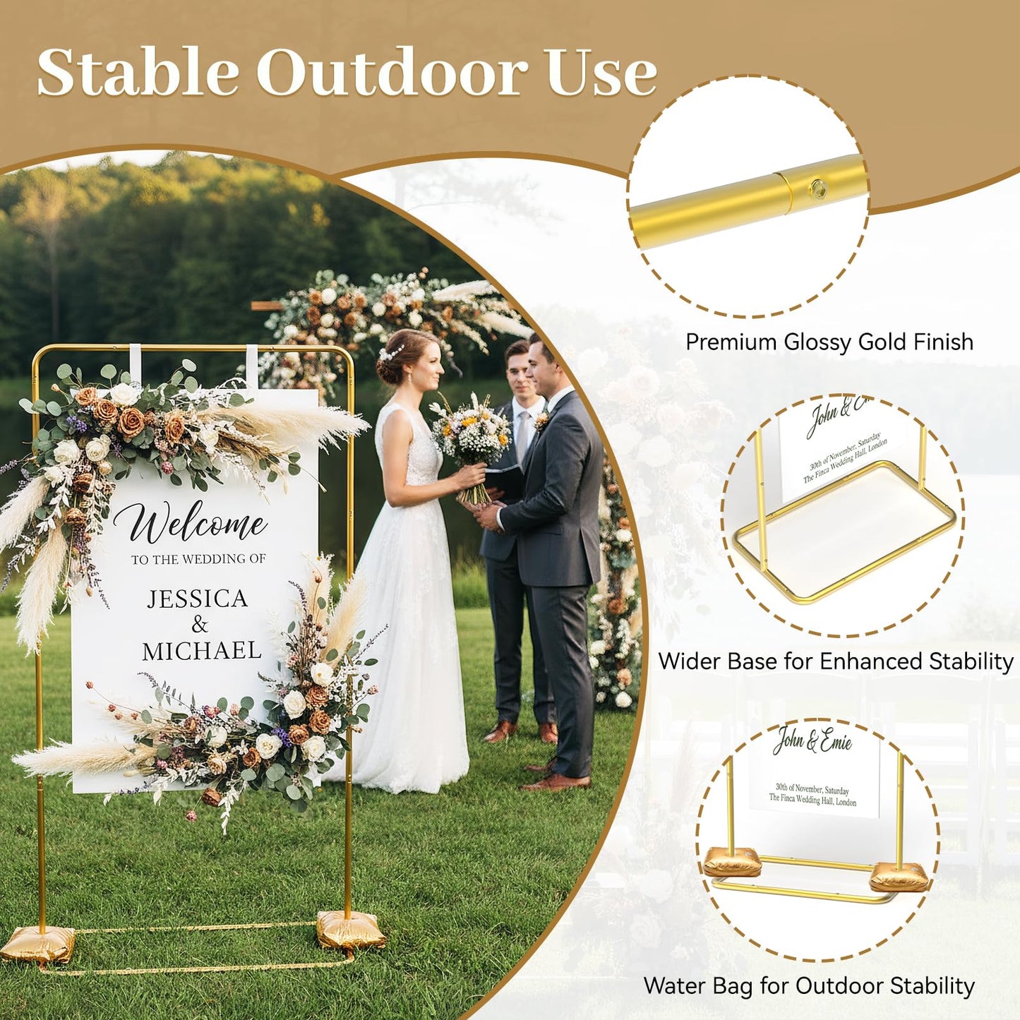 ReePlan Wedding Welcome Sign Stand 68 x 31 x 20 Inch Adjustable Wedding Sign Holder with 8 Leather and Water Bags Heavy Duty Easel for Poster, Baby Bridal Shower, Bridal Shower, Seating Chart, Gold