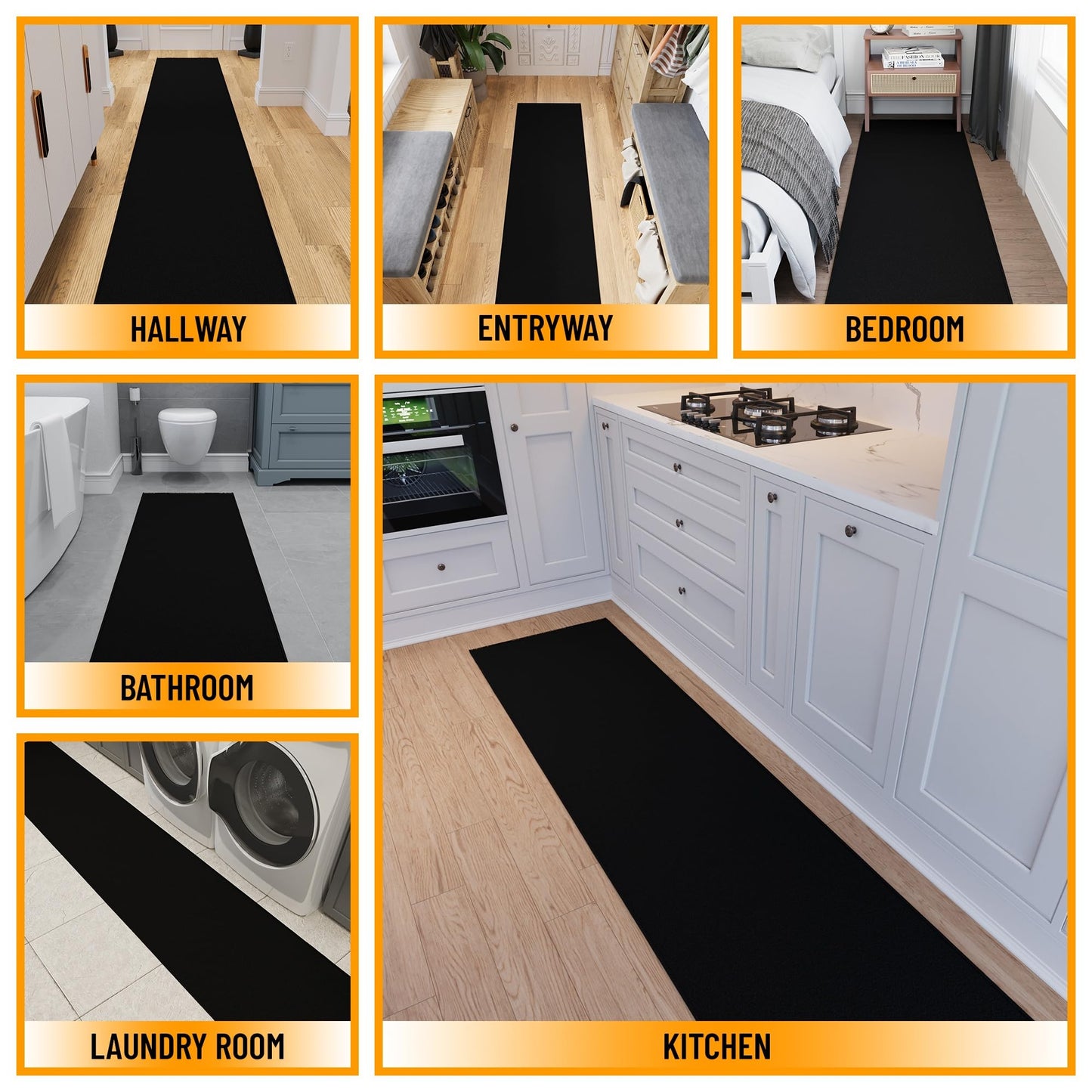Ottomanson Hallway Runner Rug – Non-Slip Low Pile Carpet Runner for Entryway, Stain Resistant & Easy to Clean, Solid Black, 1'10.5" x 10'