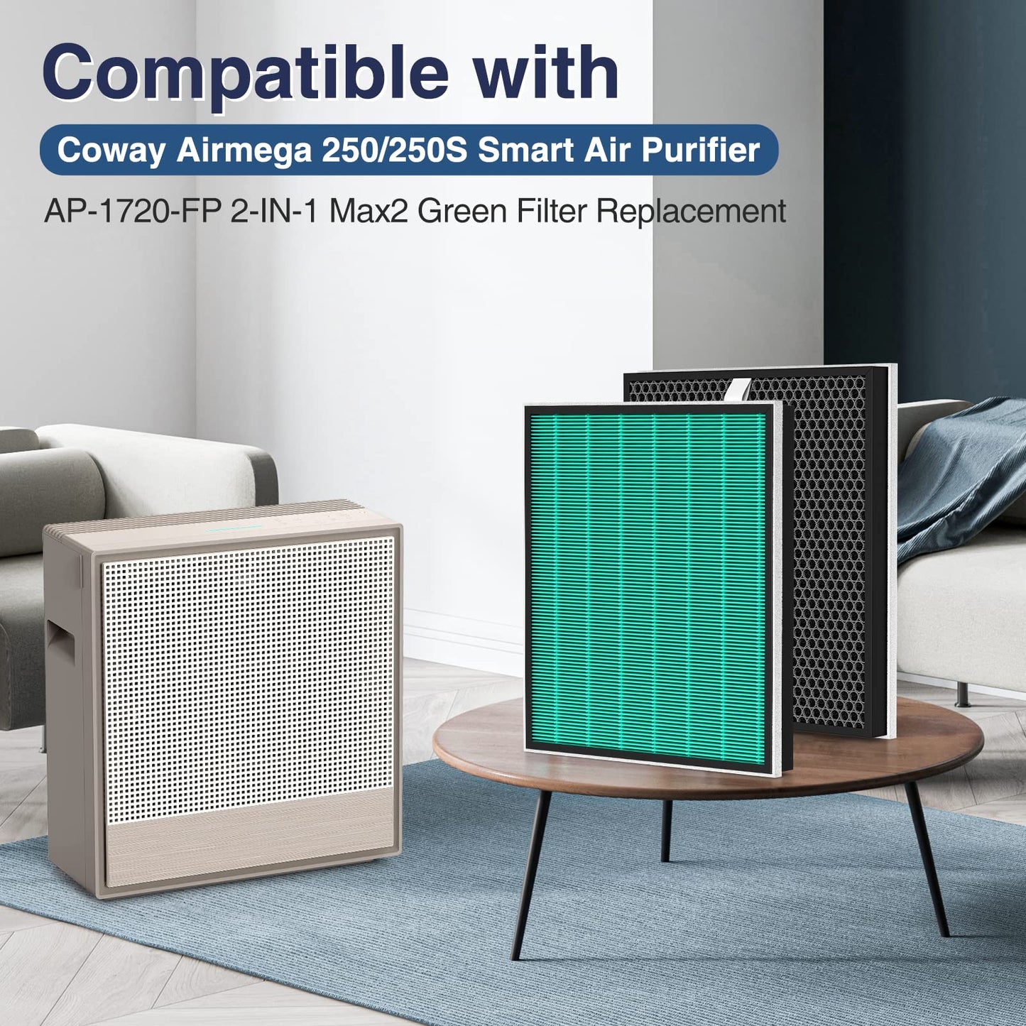 2 Pack 250/250S Replacement Filters for Coway Airmega 250 250S Max2 Air Purifier, Max 2 Green HEPA and Activated Carbon Filter Set, AP-1720-FP
