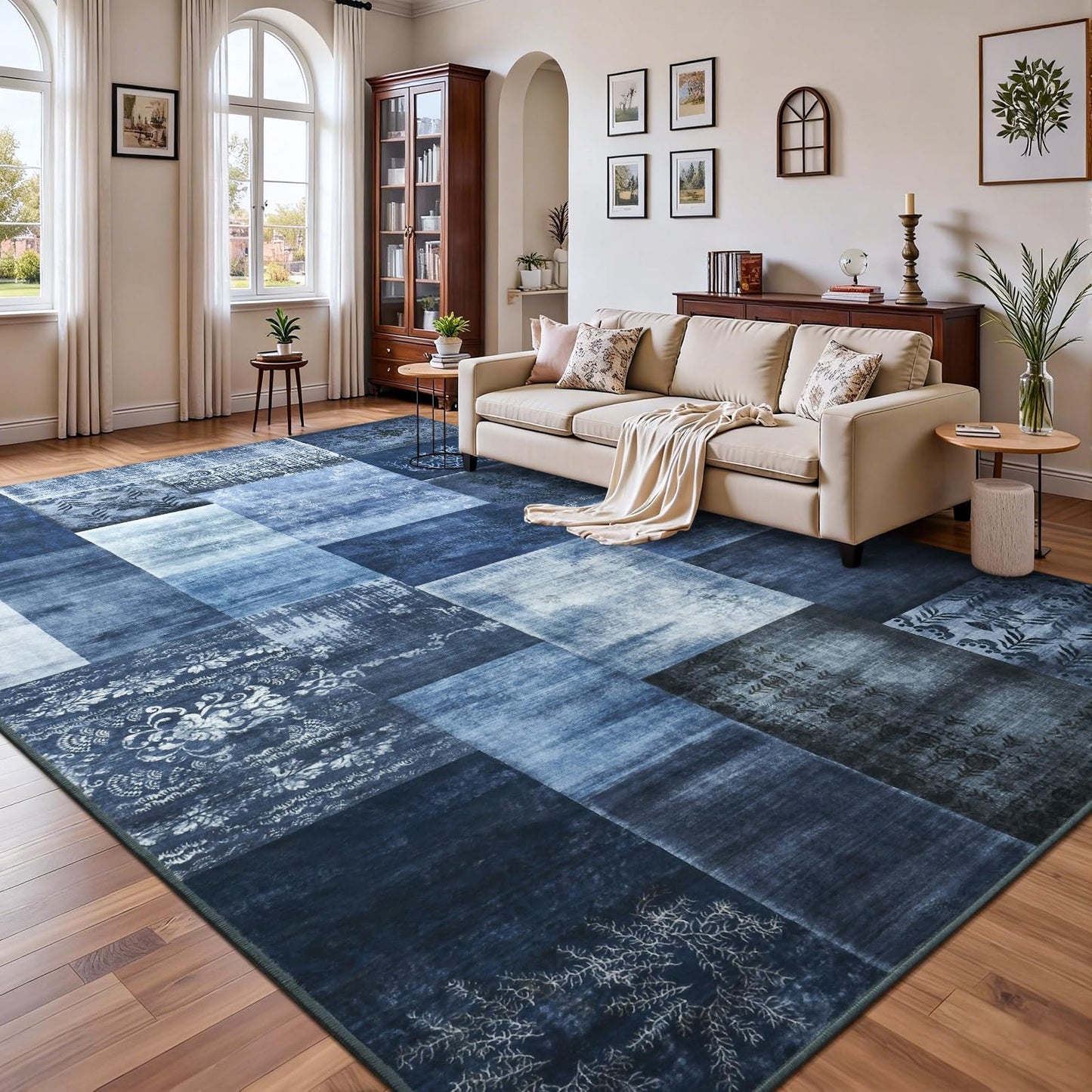 DweIke Washable Area Rugs 5x7 for Living Room, Modern Geometric Navy Blue Soft Patchwork Carpet, Non-Slip Stain Resistant Throw Rug for Bedroom Dining Room Office Home Decor