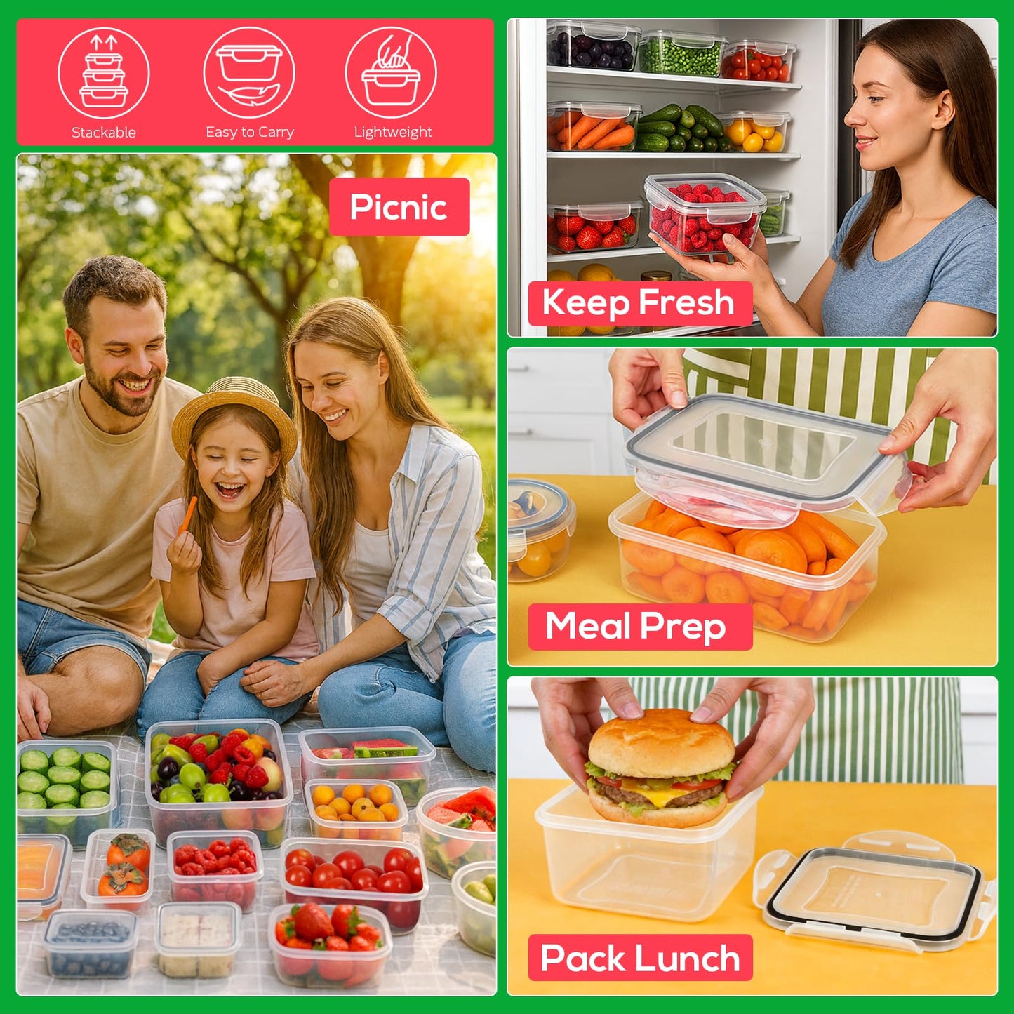 62PCS Thicker Food Storage Containers with Lids Airtight Leakproof, BPA Free Plastic Kitchen Food Storage Containers, Stackable Reusable Meal Prep Food Containers with Lids, Freezer Microwave Safe