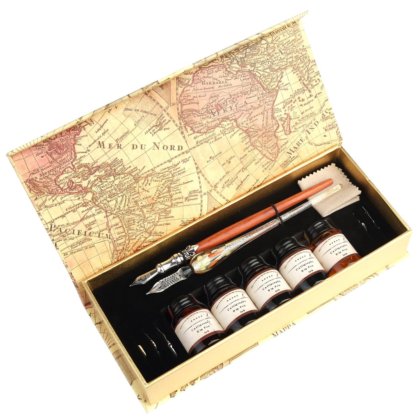 GC QUILL MU-02 Calligraphy Pen Set, Glass Dip Pen and Handcrafted Wooden Dip Pen Gift Set with 5 Colors Calligraphy Ink 6 Nibs, Calligraphy Set for Beginners