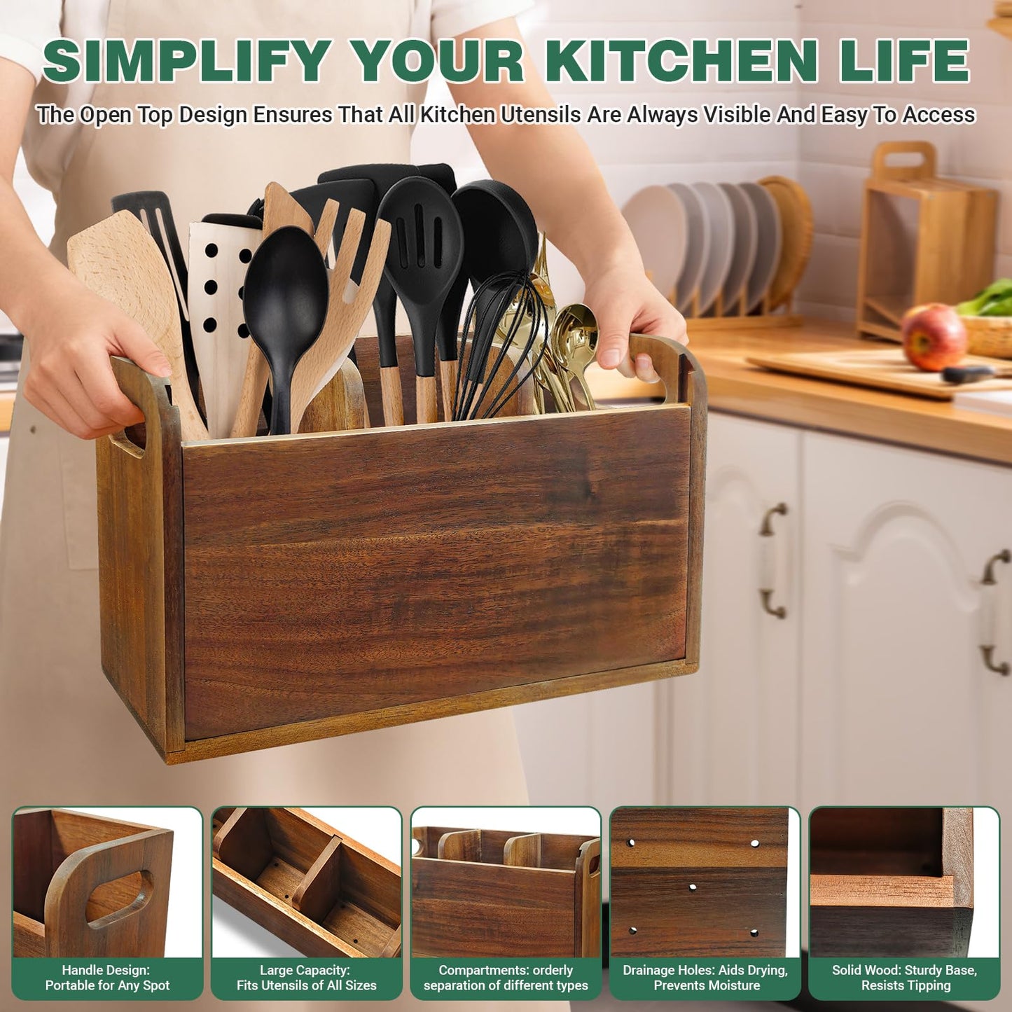 LAGOUPICK Kitchen Utensil Holder for Countertop with 4 Compartments Acacia Large Utensil Holder Wooden Storage for Cooking,Baking,Flatware Tool Kitchen Utensil Organizer