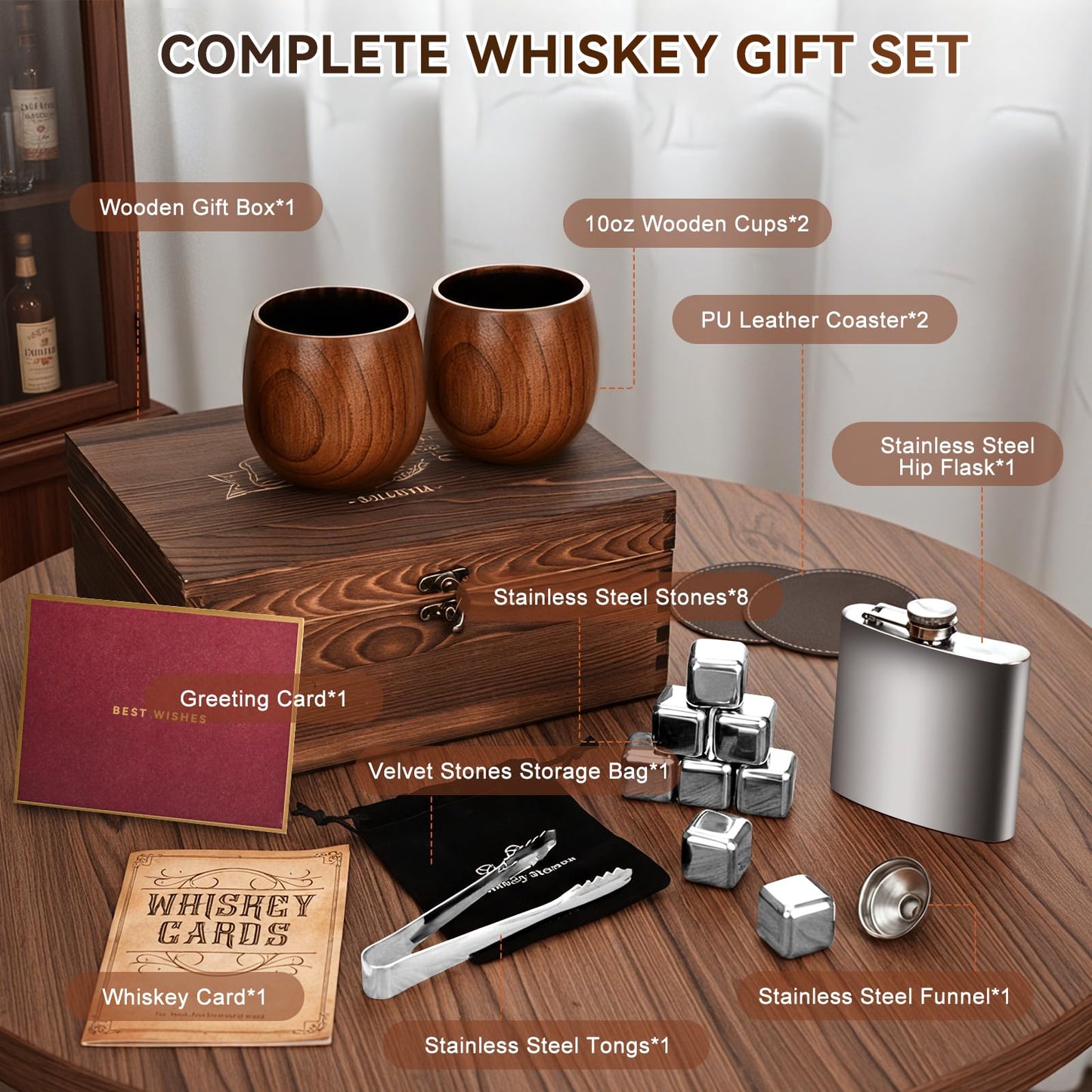 Solunvia Charred Wooden Bourbon Drinking Glass Wooden Whiskey Glasses Set of 2 17-Piece Complete Whiskey Gift Set Old Fashioned Glass Bourbon Gifts for Men Dad, Husband, Brother (Silver Accents)