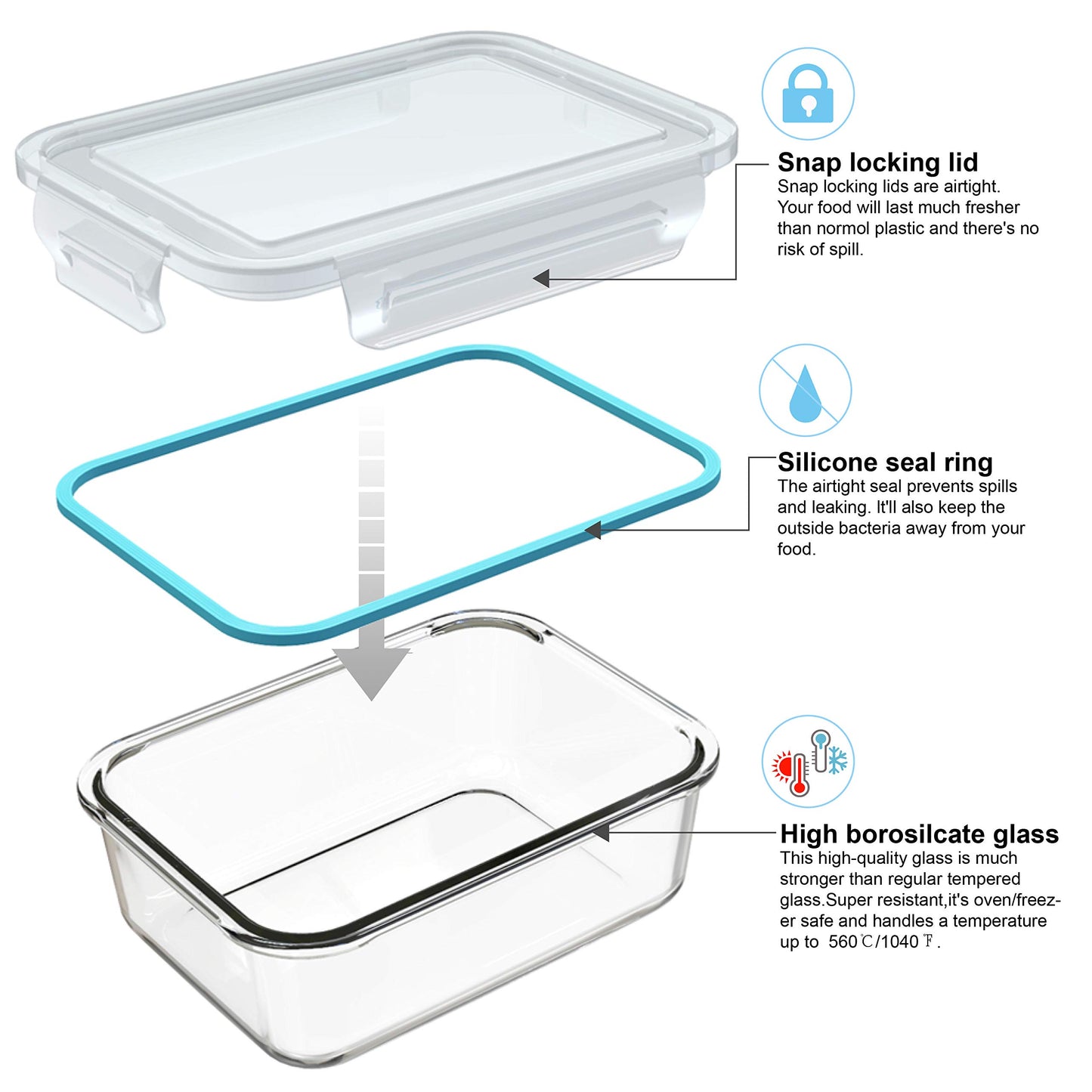 AILTEC Glass Food Storage Containers with Lids, [18 Piece] Glass Meal Prep Containers Set, Airtight Leak Proof, Oven Freezer Dishwasher Safe, BPA Free (9 Lid & 9 Container)