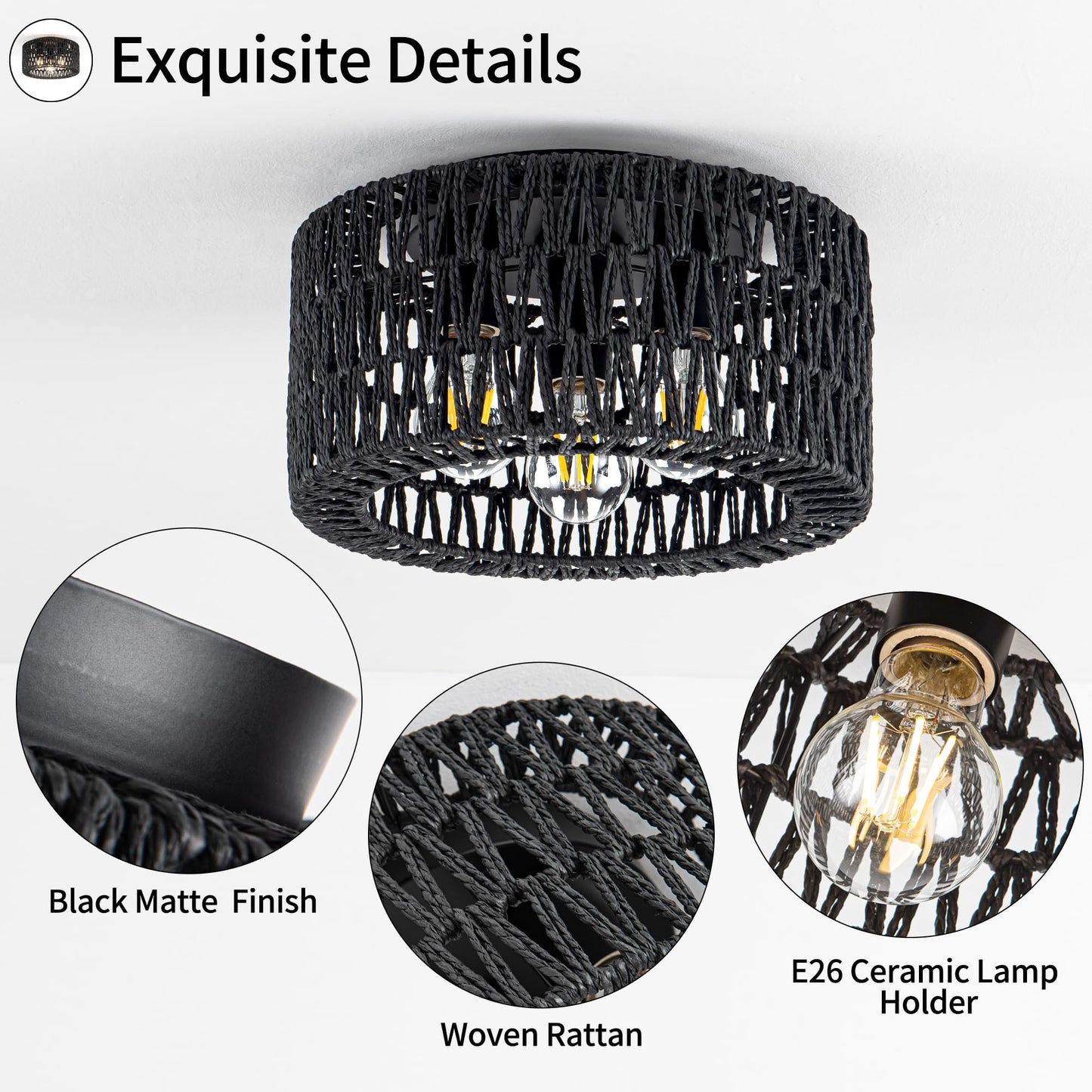 Rattan Ceiling Light Fixture, 3-Light Bohemian Modern Woven Ceiling Light, Black Boho Flush Mount Ceiling Light for Bedroom Living Room Dining Room, Bulb Not Included