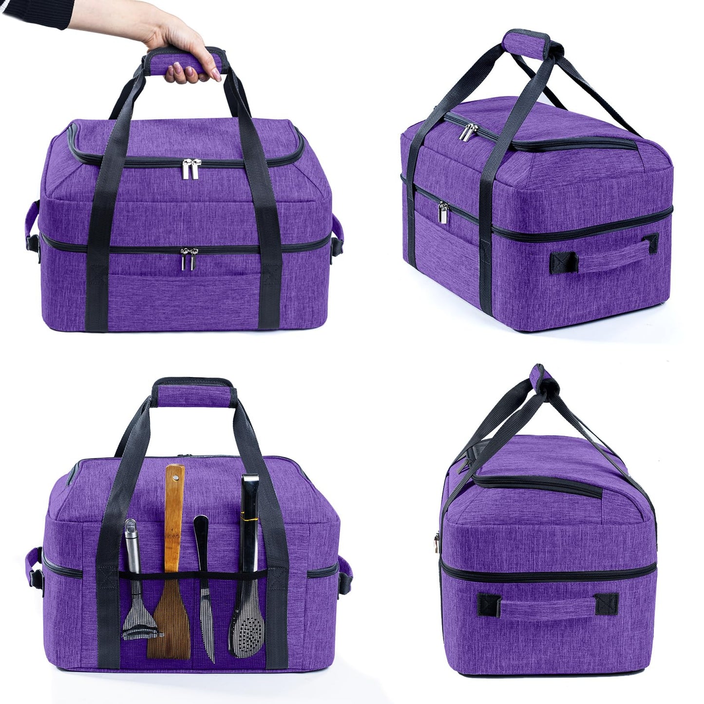 BAGSPRITE Double-Layer Slow Cooker Carrying Bag for 6-8 Quart CrockPot and Hamilton Beach Slow Cooker, Travel Bag with Lid Fastener for Crock-pot, Portable Carrier Case Slow Cooker Bag, Purple