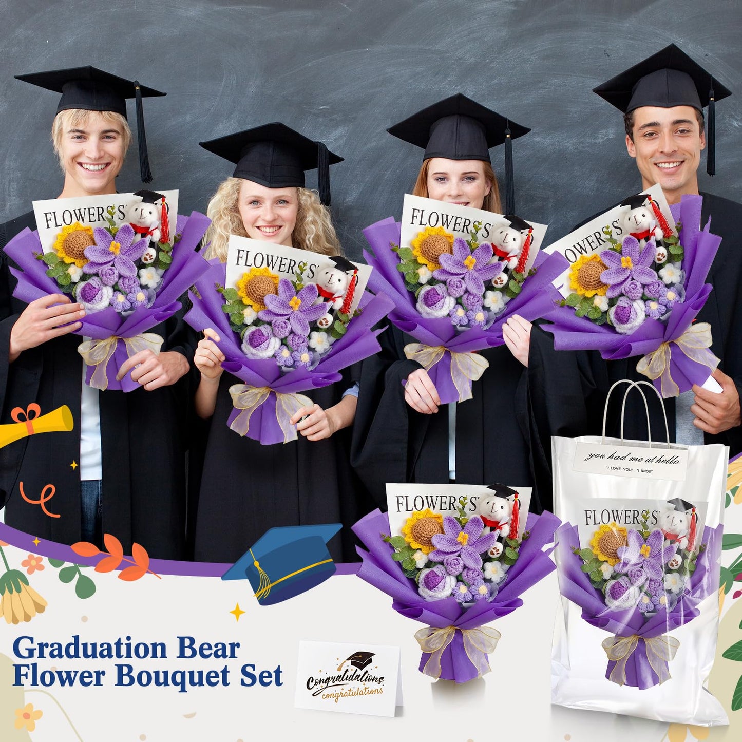 Giegxin Graduation Crochet Flowers Bouquet Set 2026 Grad Cap Plush Bear Hand Knitted Rose Tulip Daisy Sunflower Bouquet Greeting Card Gift Bag for Wedding Birthday Party Favors(Purple)