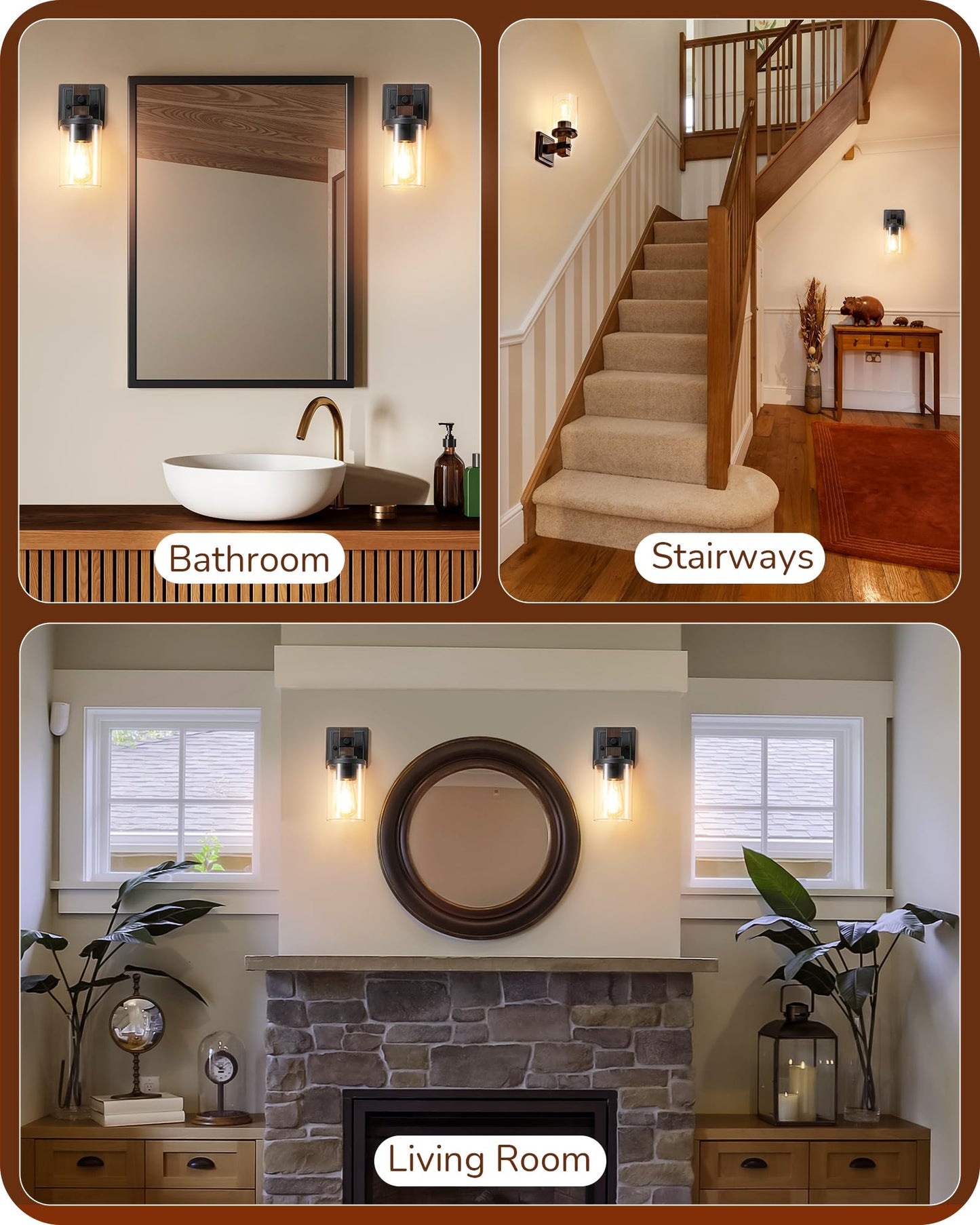 EDISHINE Wall Sconces Set of 2, Farmhouse Vanity Light Fixtures with Clear Glass Shade & Dark Brown Wood Grain Paint, 1-Light Wall Mount Lamp for Bathroom, Hallway, Living Room, Mirror, Kitchen