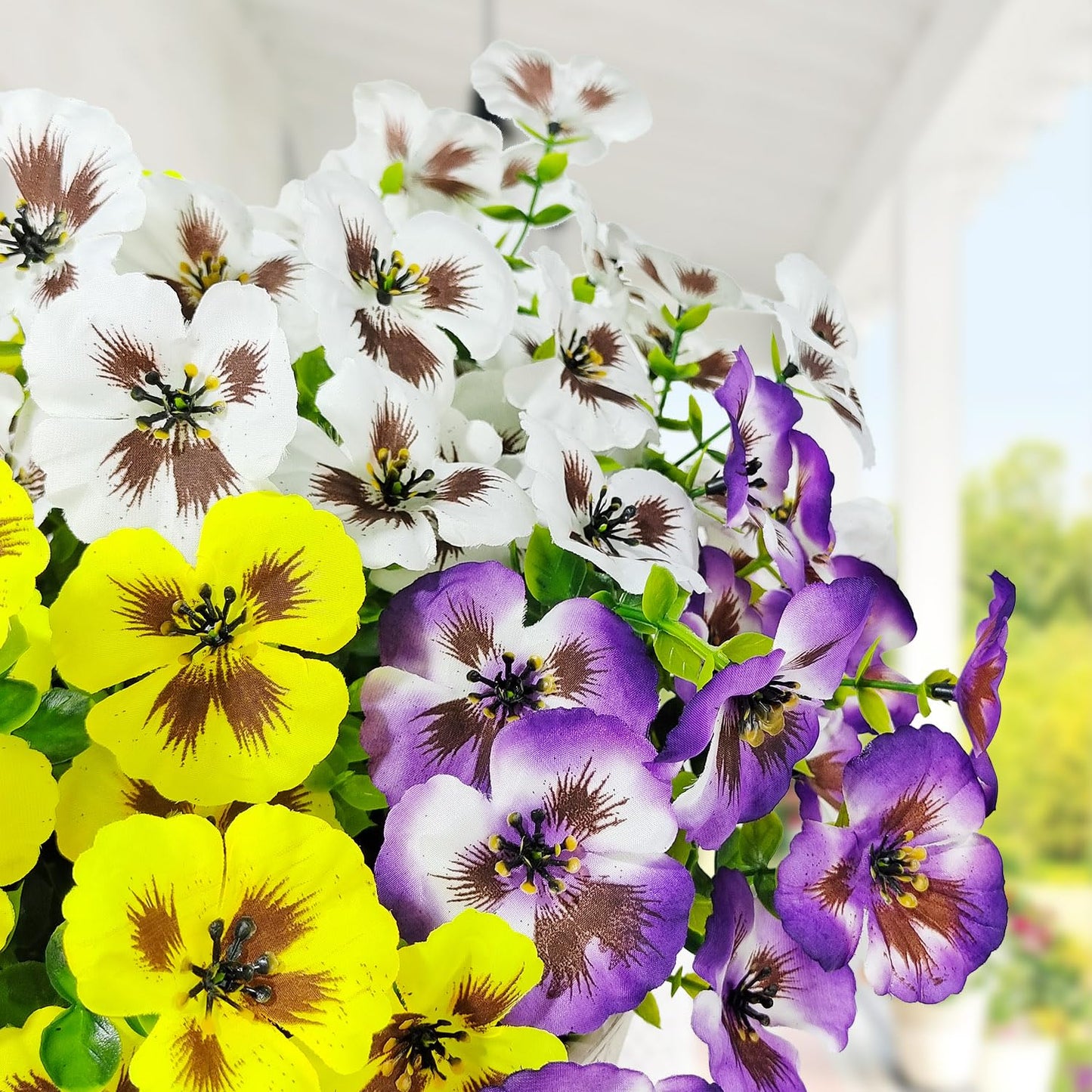 BRIGEA 12 Bundles Artificial Pansy Flowers for Outdoor Faux Silk Flowers UV Resistant for Porch Balcony Patio Garden Home Decor