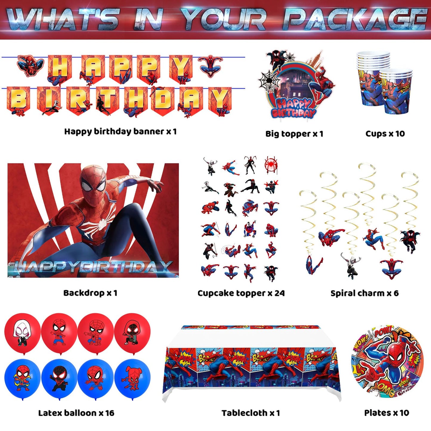 Birthday Party Supplies,Party Decorations Include Happy Birthday Banner,Backdrop,Tablecover,Cake Toppers,Cups,Plates,Spiral Charms,Latex Balloons