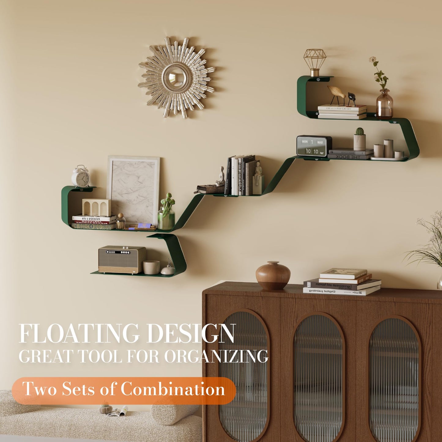 Floating Shelves, Wall Shelf, Set of 3 Mounted Metal Shelves with Unique Design for Wall Storage, Book Shelf, Display Shelves for Bathroom Bedroom Kitchen Living Room for Home Green