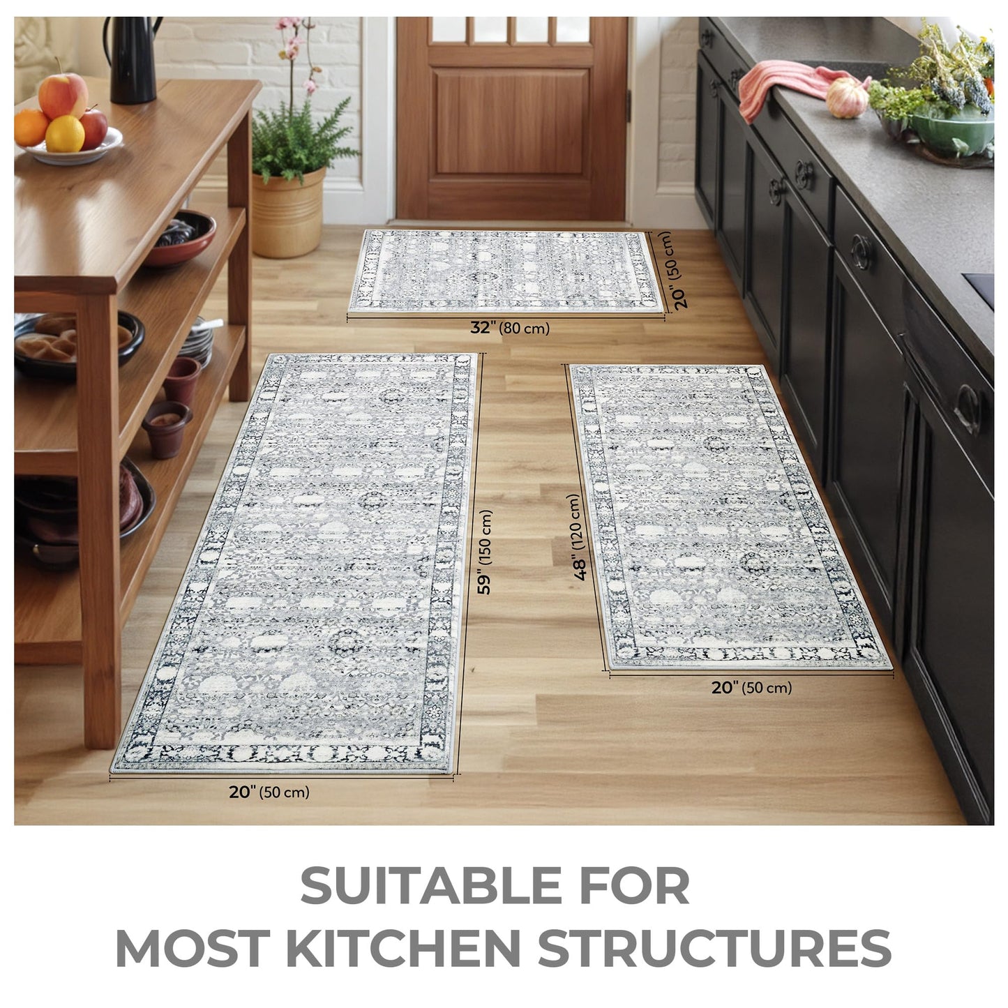 GRANNY SAYS Boho Kitchen Rug Sets of 3, Non Slip Washable Faux Wool Kitchen Mats for Floor, Thick Soft Anti-Fatigue Comfort Standing Mat Runner Rugs for Hallway Laundry Room, Grey