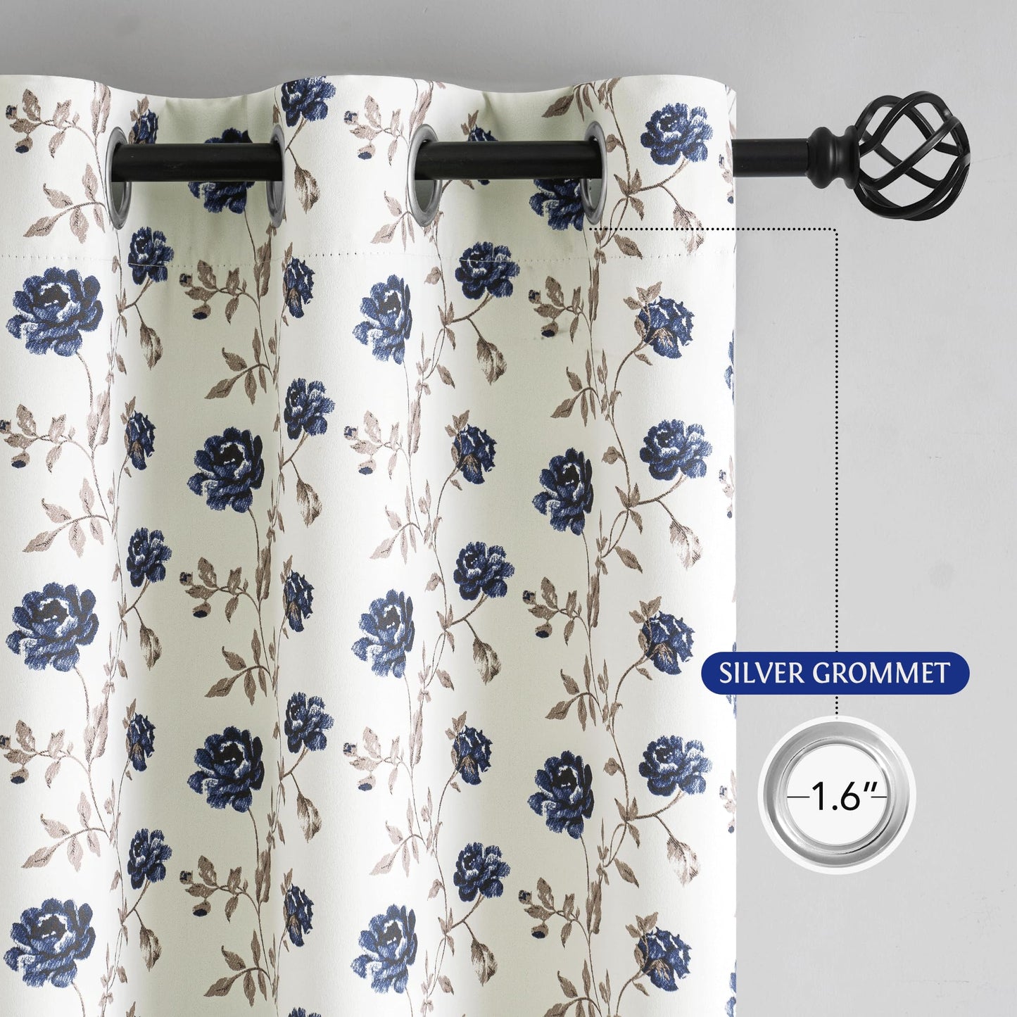 Beauoop Floral 100% Blackout Curtains 84 Inches Long 2 Panels for Bedroom Living Room Blue Brown on Beige Vintage Rose Flower Patterned Room Darkening Thermal Soundproof Grommet Window Drapes, 52X84