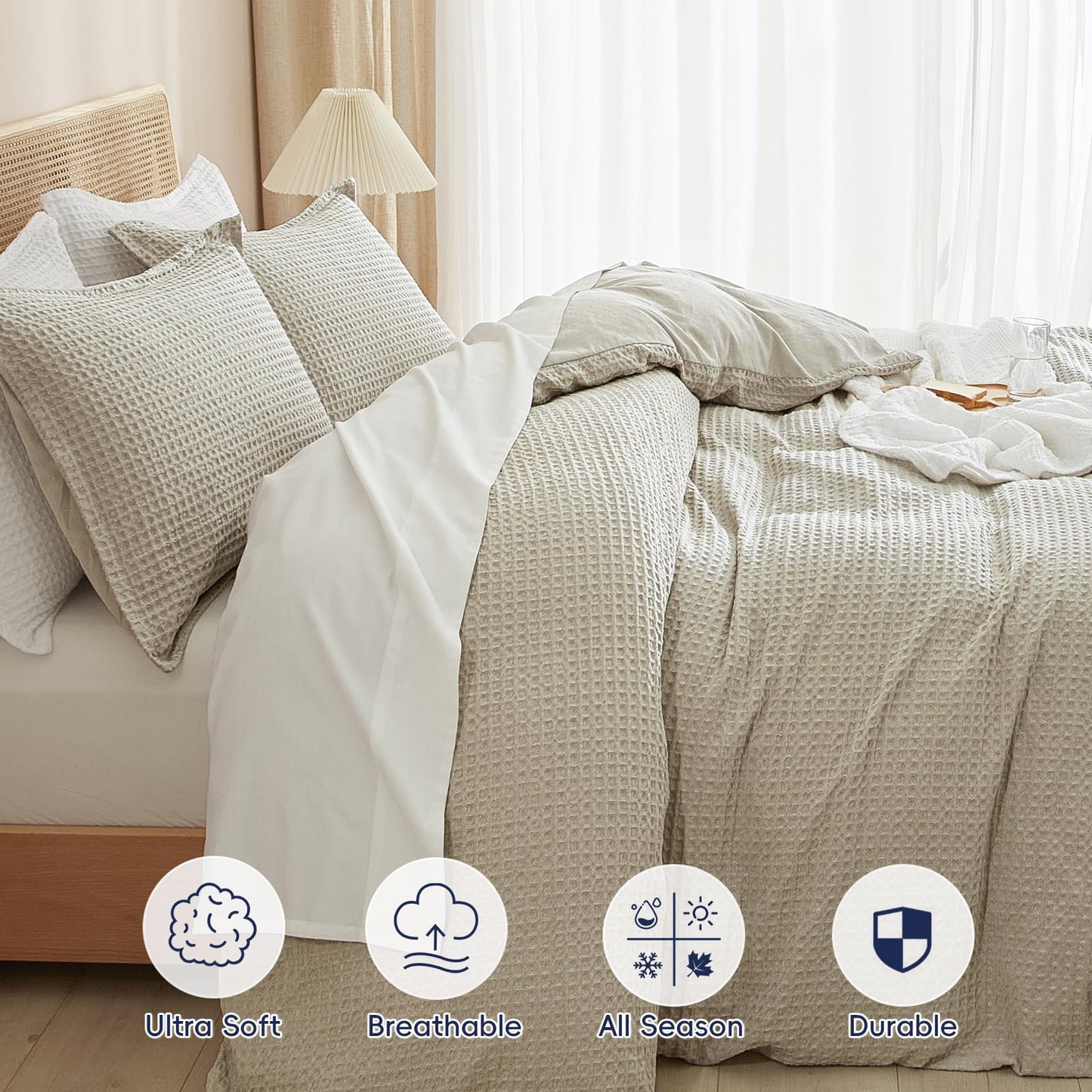 PHF Waffle Weave Duvet Cover Set Queen Size, No Snagging Ultra Soft Luxury Textured Breathable Comforter Cover for All Season 3pcs, Durable Bedding Duvet Set with 2 Pillow Shams, 90"x90", Linen