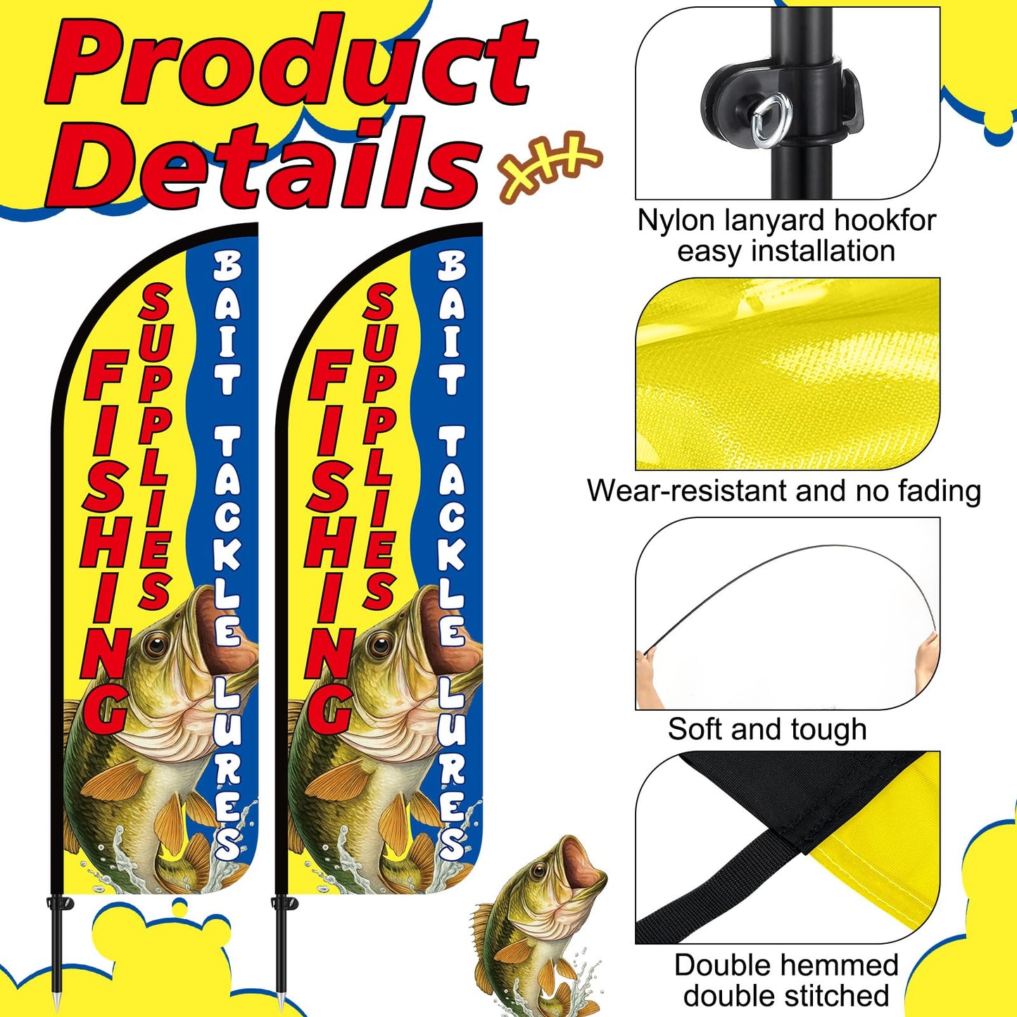 Boao 2 Pcs 8.2 ft Fishing Supplies Bait Tackle Lures Licenses Windless Feather Banner Flag Kit Fishing Supplies Sign Banner with Pole Kit and Ground Stake Swooper Flag with Aluminum Alloy Flagpole