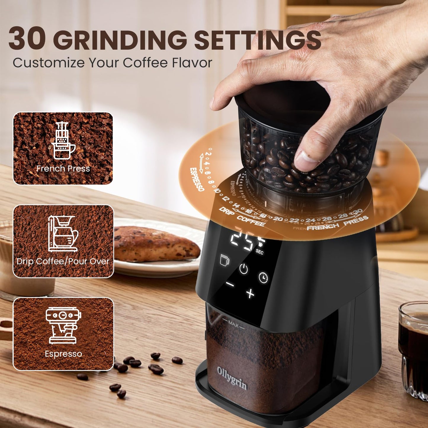 Ollygrin Electric Conical Burr Coffee Grinder, Coffee Grinder with 30 Grind Settings, Touchscreen Coffee Grinder for Home Use, Compact Coffee Bean Grinder for Espresso, Drip, French Press