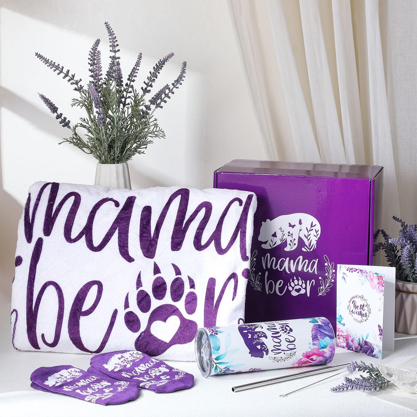 HunnmingRe 5 Pcs Mama Bear Gift Box Set for Mom Mother's Day, Birthday Purple Wearable Blanket Hoodie Tumbler Greeting Card Socks Gifts from Son Daughter Husband for Wife Women