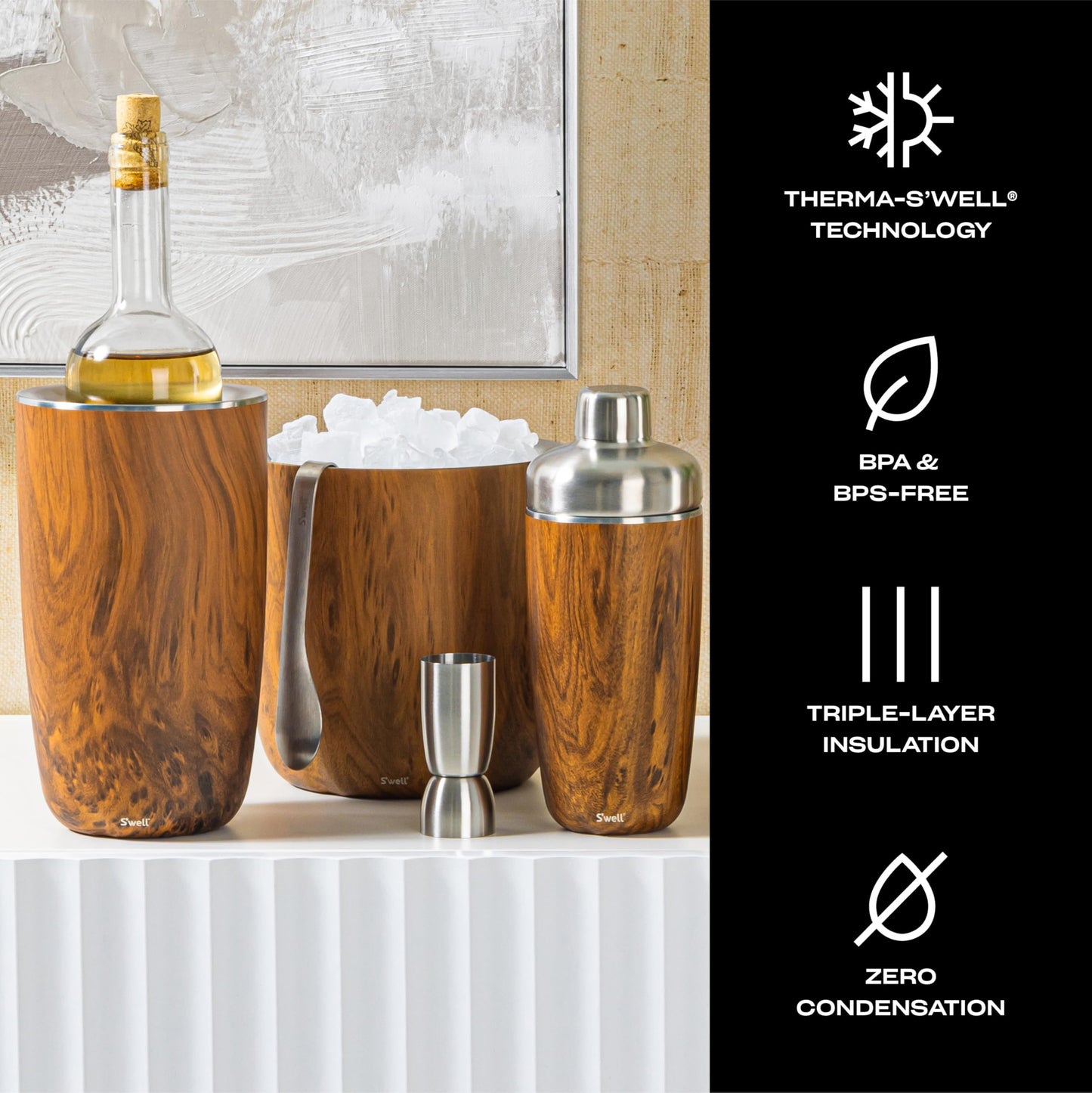 S’well Stainless Steel Ice Bucket with Tongs, 68oz Capacity, Teakwood Pattern Finish, Triple-Layer Vacuum Insulated to Keep Ice Colder Longer, BPA-Free Barware
