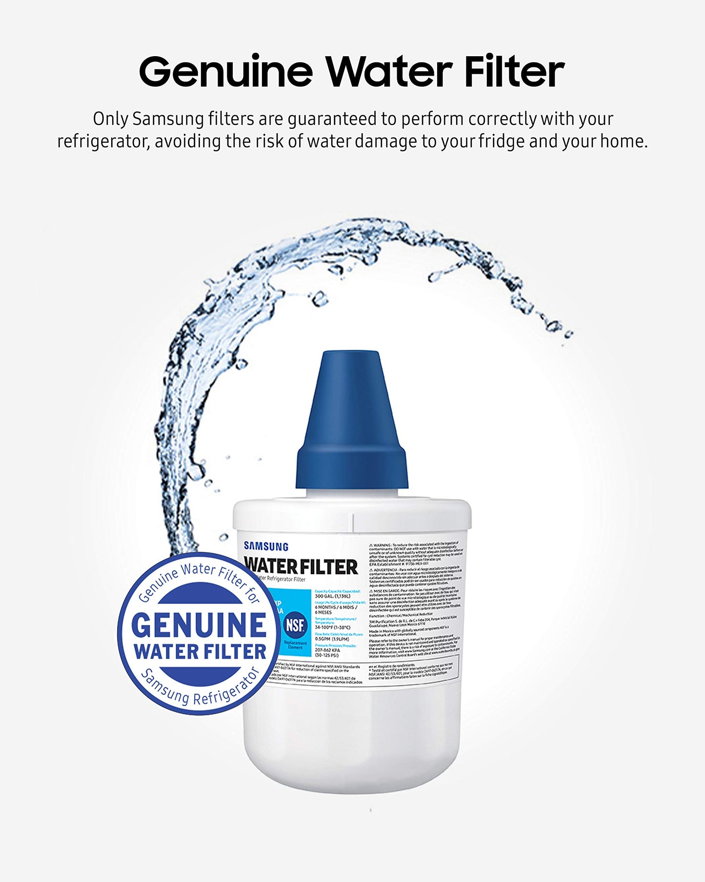 Samsung HAFCU1/XAA Genuine Refrigerator Water Filter, Reduces 99% of Harmful Contaminants for Clean, Clear Drinking Water, 6-Month Life, Easy Install, Pack of 1