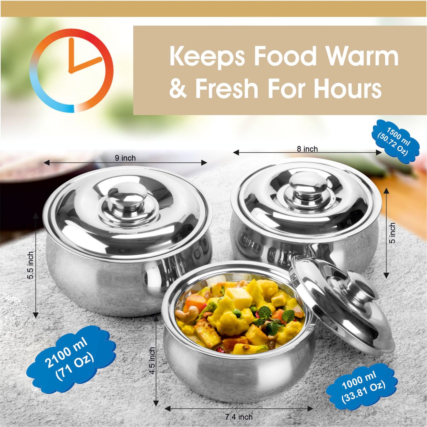 SIGNORA WARE Large Insulated Casserole Dish with Lid Set of 3. Stainless steel Hot Pot Food Warmer/Cooler -Thermal Soup/Salad Serving Bowl Stainless Steel Hot Food Container–Best Gift Set for Moms