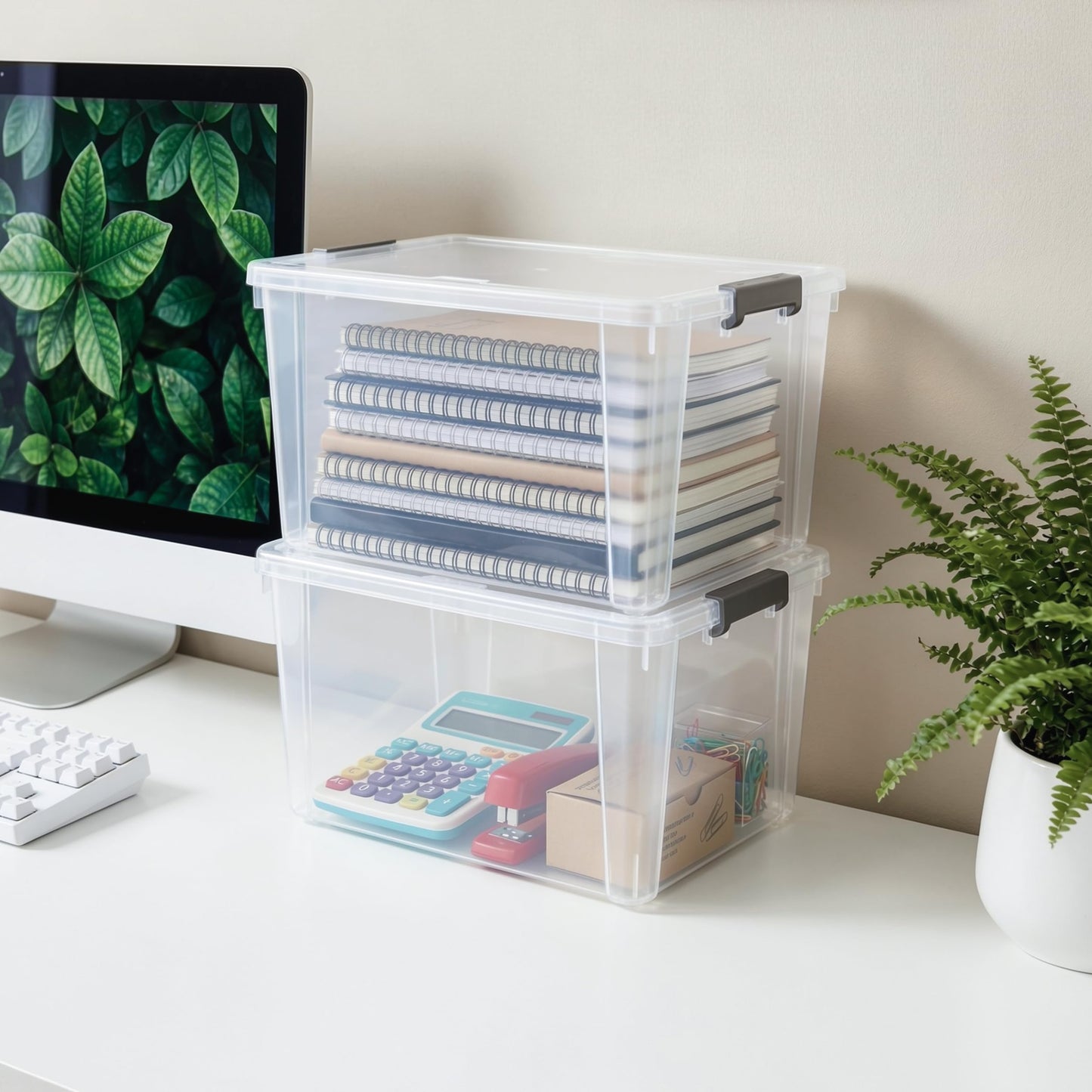 Citylife 7.8 QT 6 Pack Small Storage Bins Plastic Storage Container Stackable Box with Lids for Organizing, Clear White