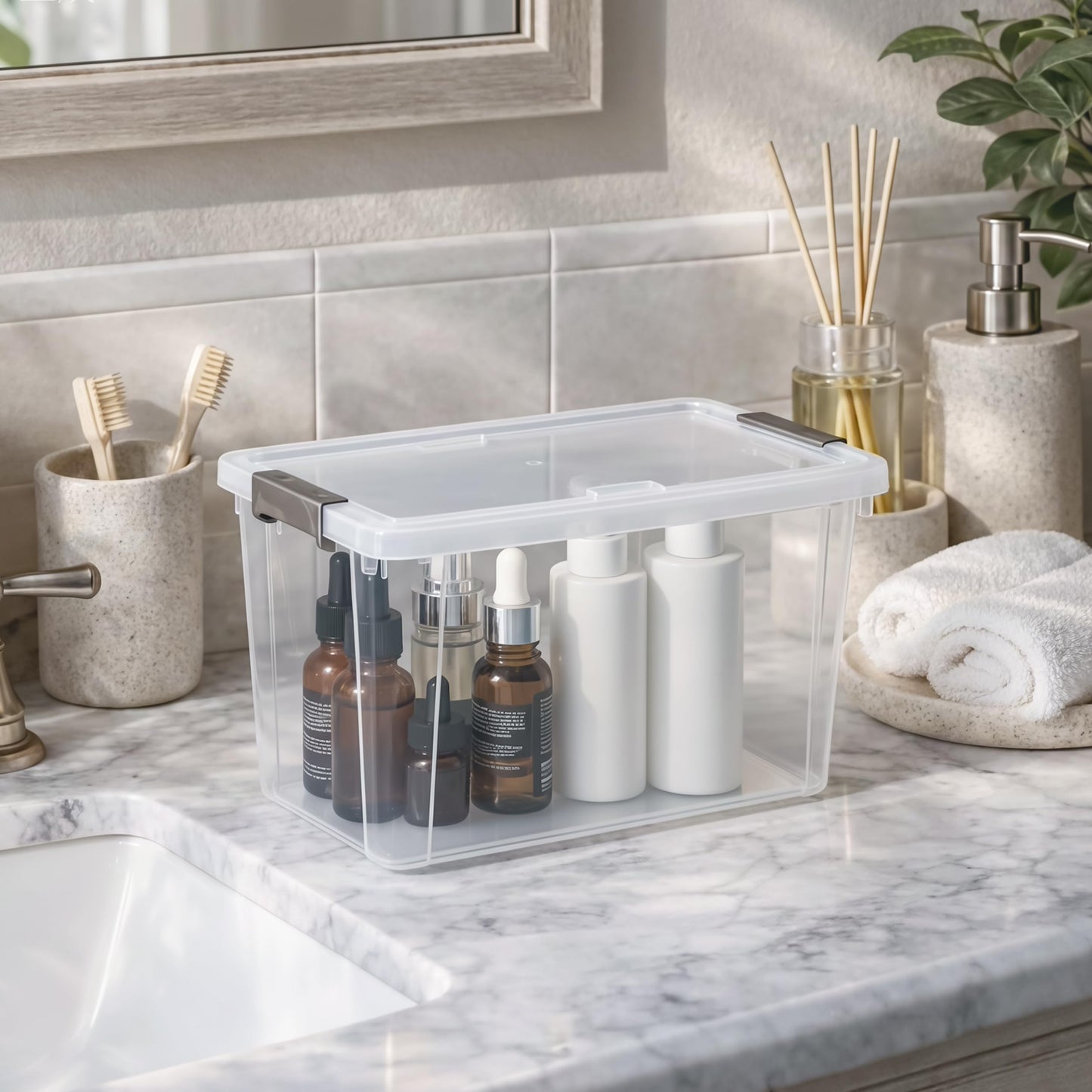 Citylife 7.8 QT 6 Pack Small Storage Bins Plastic Storage Container Stackable Box with Lids for Organizing, Clear White