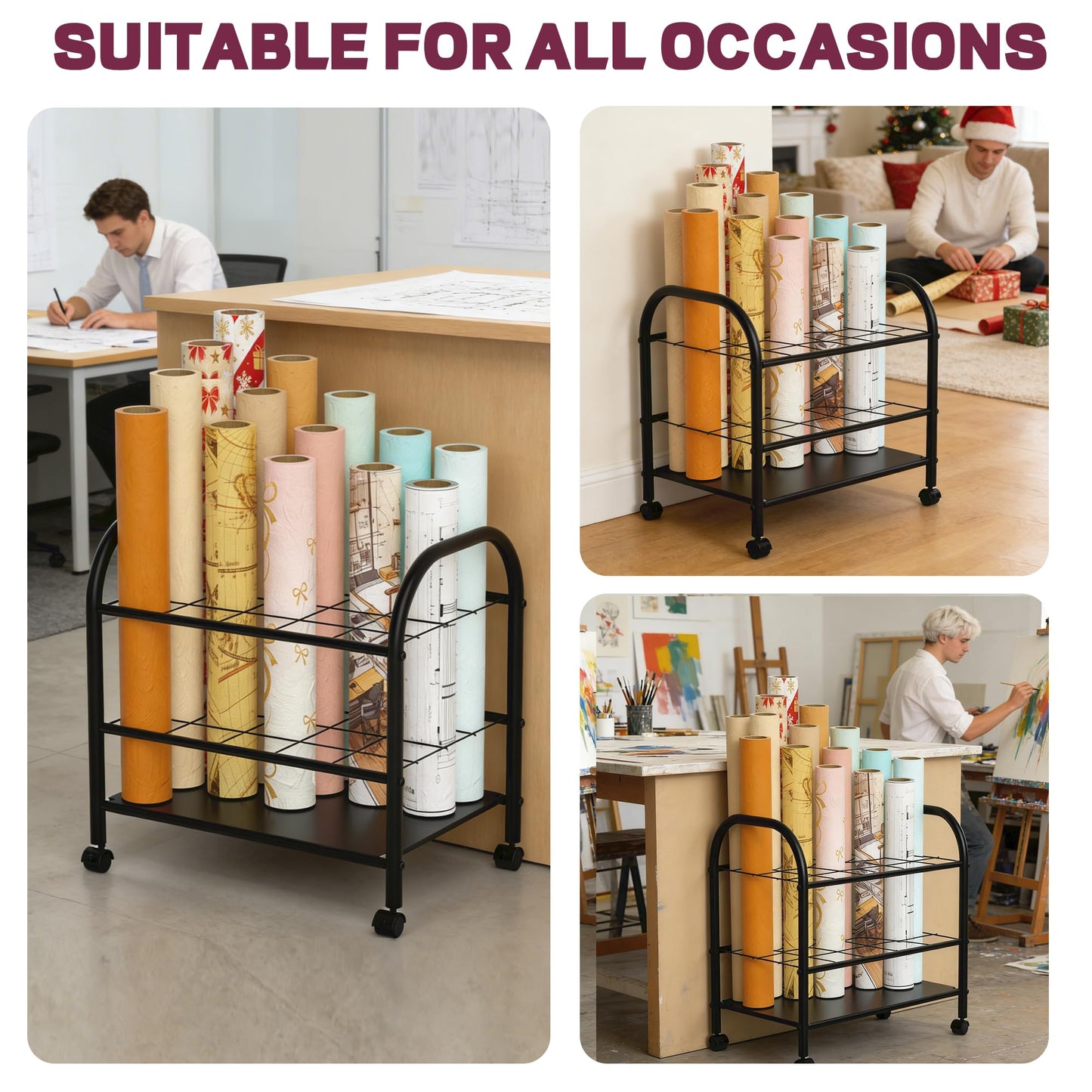 Yutrchey Blueprint Storage Holder with Wheels – 20-Slot Metal Roll File Rack with Silent Casters & Brakes for Blueprints, Wrapping Paper, Posters, Maps – Mobile File Cart for Office & Home (Black)