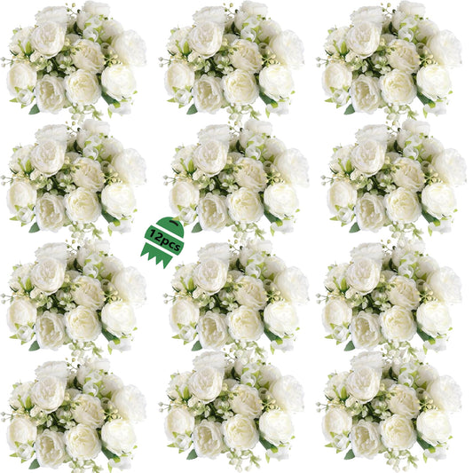 SugarHuLu 12 Bundles Peonies Artificial White Flowers Bouquet, Lifelike Silk Fake Peonies with Stems for Home Table Centerpieces, Wedding, Party & DIY Bridal Floral Arrangements (White)