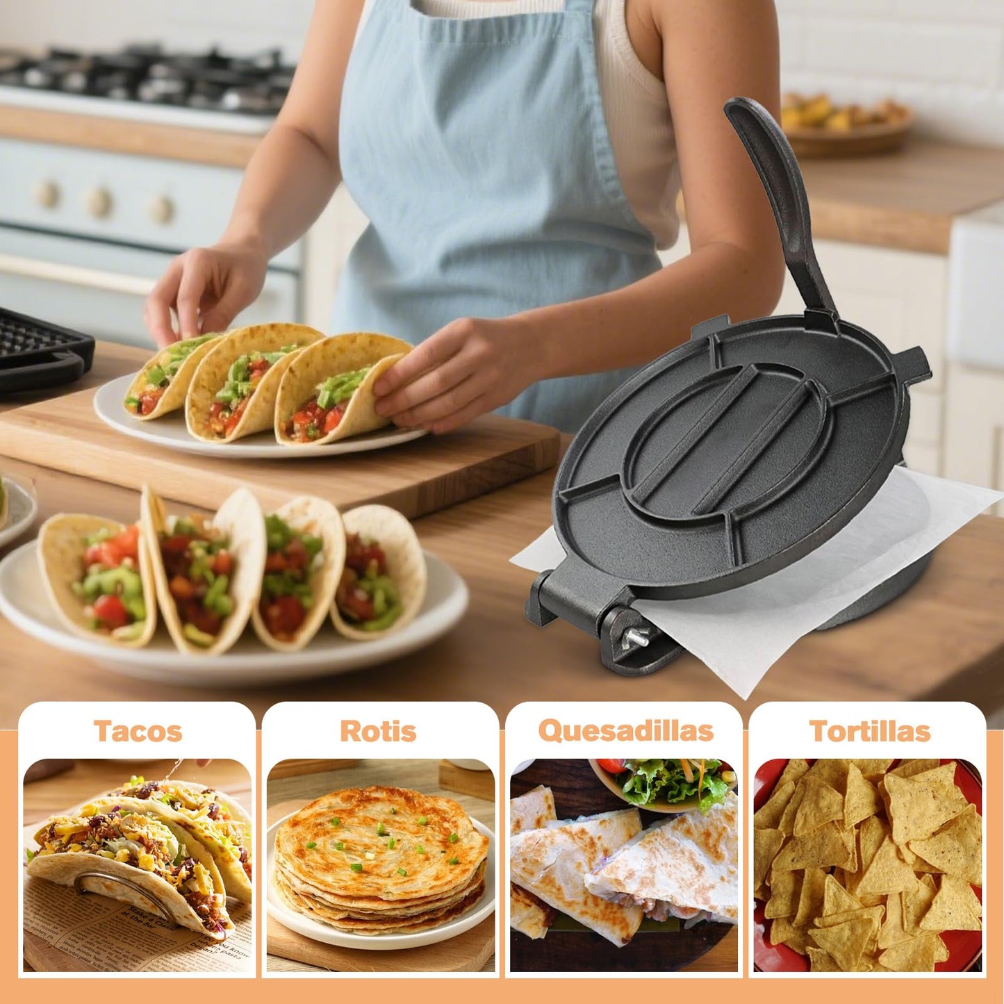 Cast Iron Tortilla Press 12 inch, Heavy Duty Tortilla Pataconera, Flour Tortilla Press with Foldable Handle, Taco press with Some Parchment Paper, Roti Maker, Black