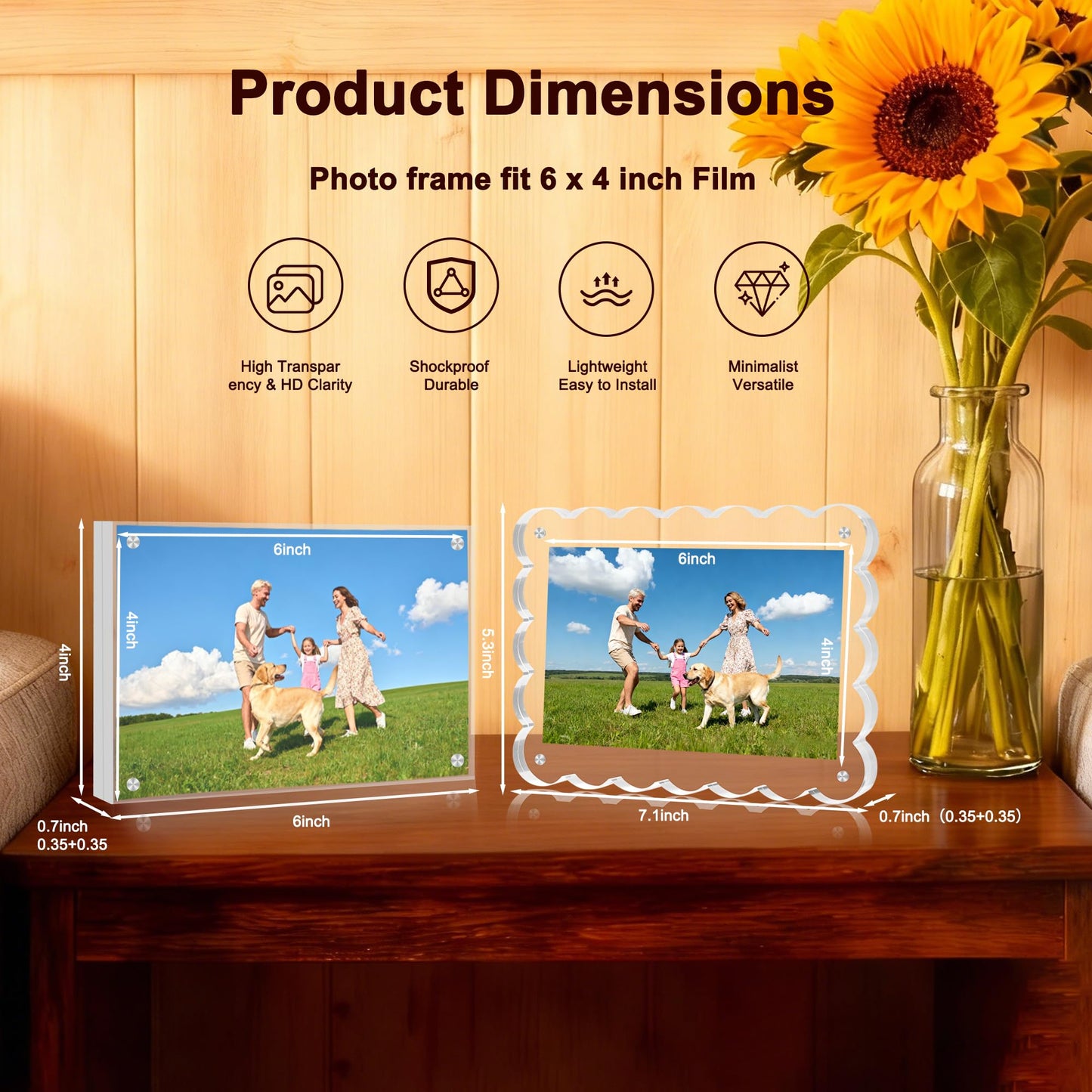 KRT 6 Pack Acrylic Picture Frames 4x6, Scalloped Acrylic Frame, Desktop Display Vertically or Horizontally Transparent Clear Double Sided Magnetic Picture Frame