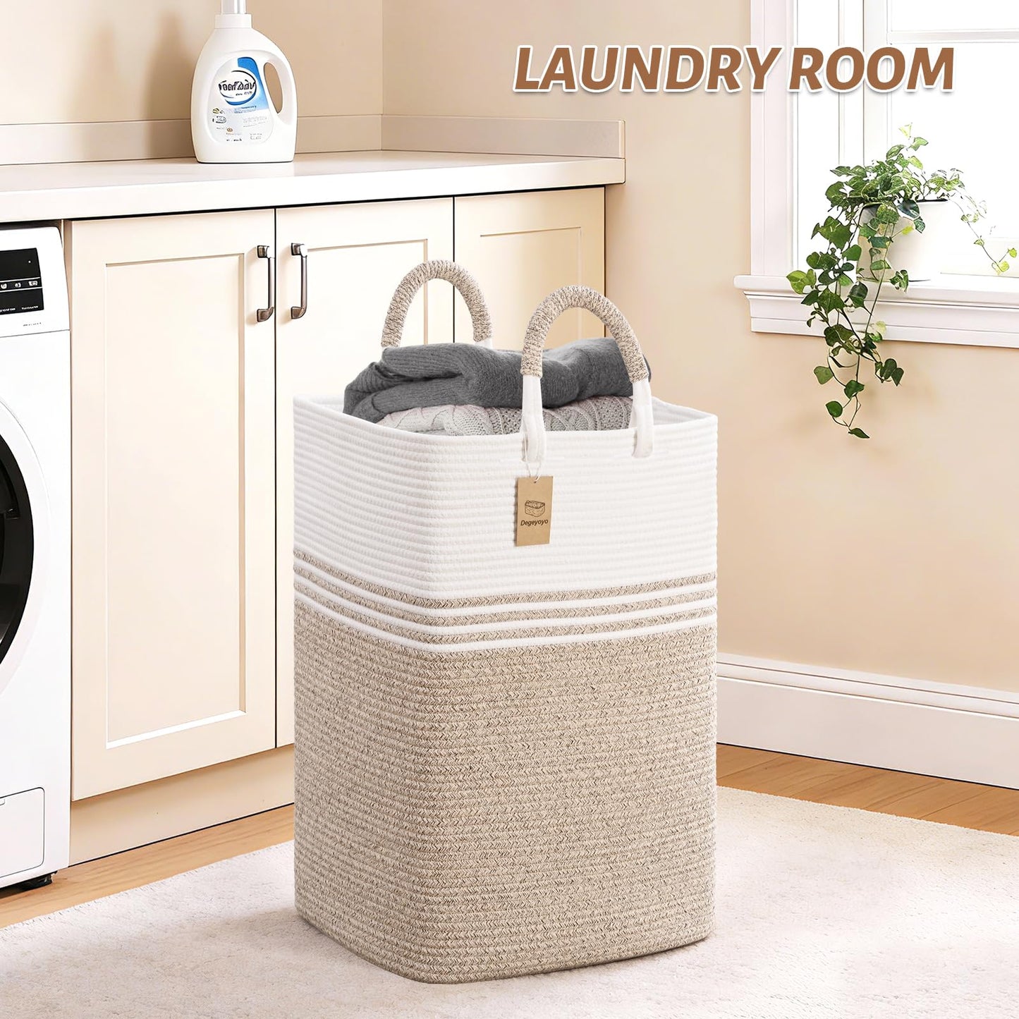 Laundry Basket Hamper,Blanket Storage,Dirty Clothes Hamper with Swivel Handles,Woven Cotton Rope Toy Baskets,Blanket Basket Living Room,Decorative Hampers for Nursery,Bedroom,White & Linen,100L